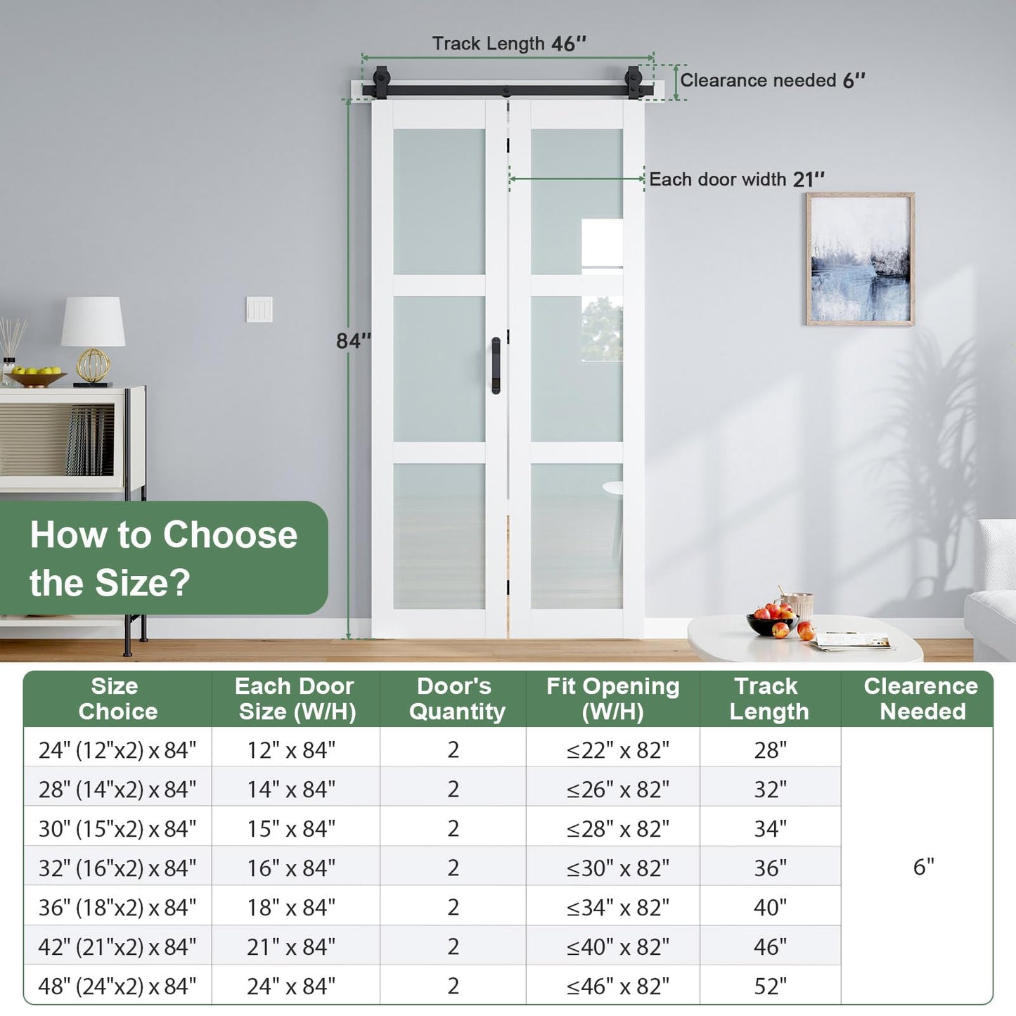 ROYMELO Bifold Barn Door 42x84 Inch (Double 21x84), White Frosted Glass Bifolding Doors with 46" Hardware Kit Included, Closet Sliding Wood Panel Slab, Save Space, Simple DIY Assembly