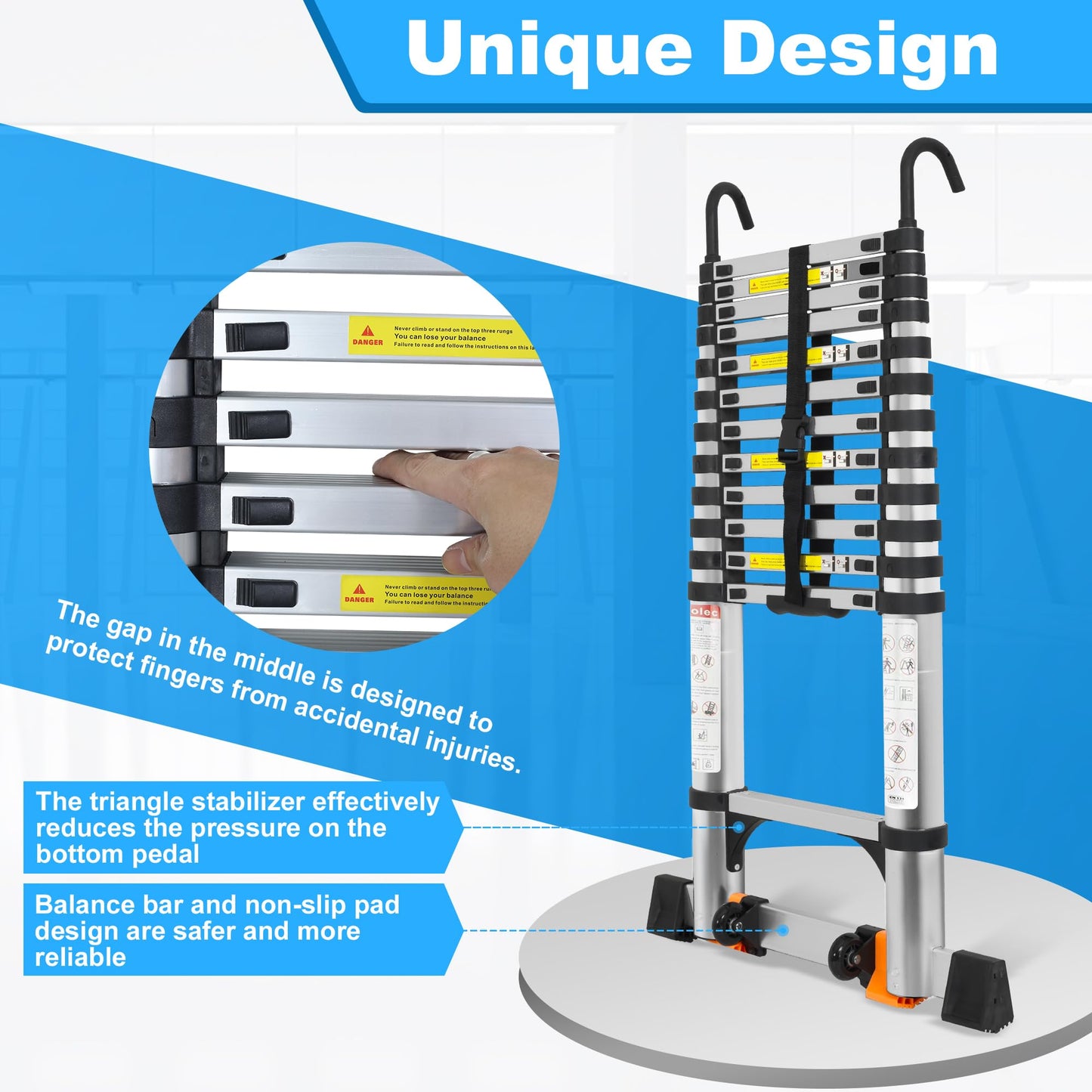 Wolec 19 FT Telescoping Ladder with Hooks, Adjustable Multi-Purpose Collapsible Extension with Stabilizers & Wheels, Heavy Duty 330 lbs Max Capacity, Ideal for Home and Outdoor Work,Silver
