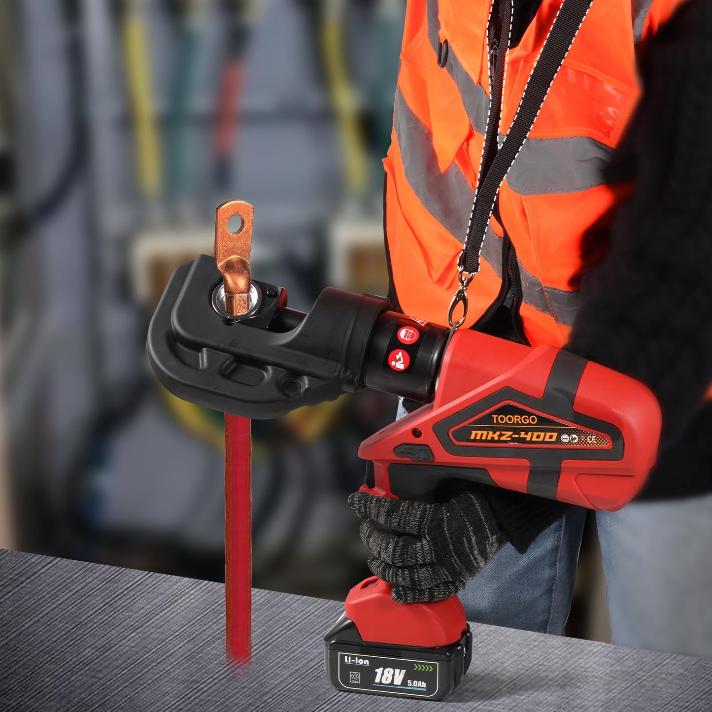TOORGO Electric Crimping Tool,12 Ton 6AWG-800MCM Rechargeable Cable Crimper for Al/Cu Terminals, Wire Crimping Tool Kit with 13 Dies and Batteries,Red