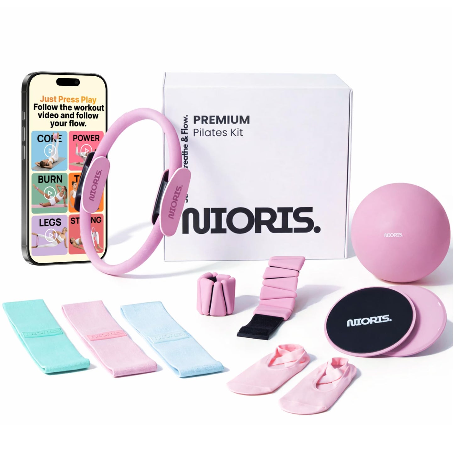 Nioris Essential Pilates Equipment Kit – Complete Home Workout Set with Pilates Ring, Pilates Ball, Resistance Bands, Ankle Weights, Sliding Discs & Grip Socks – Guided Full Body Workout Video