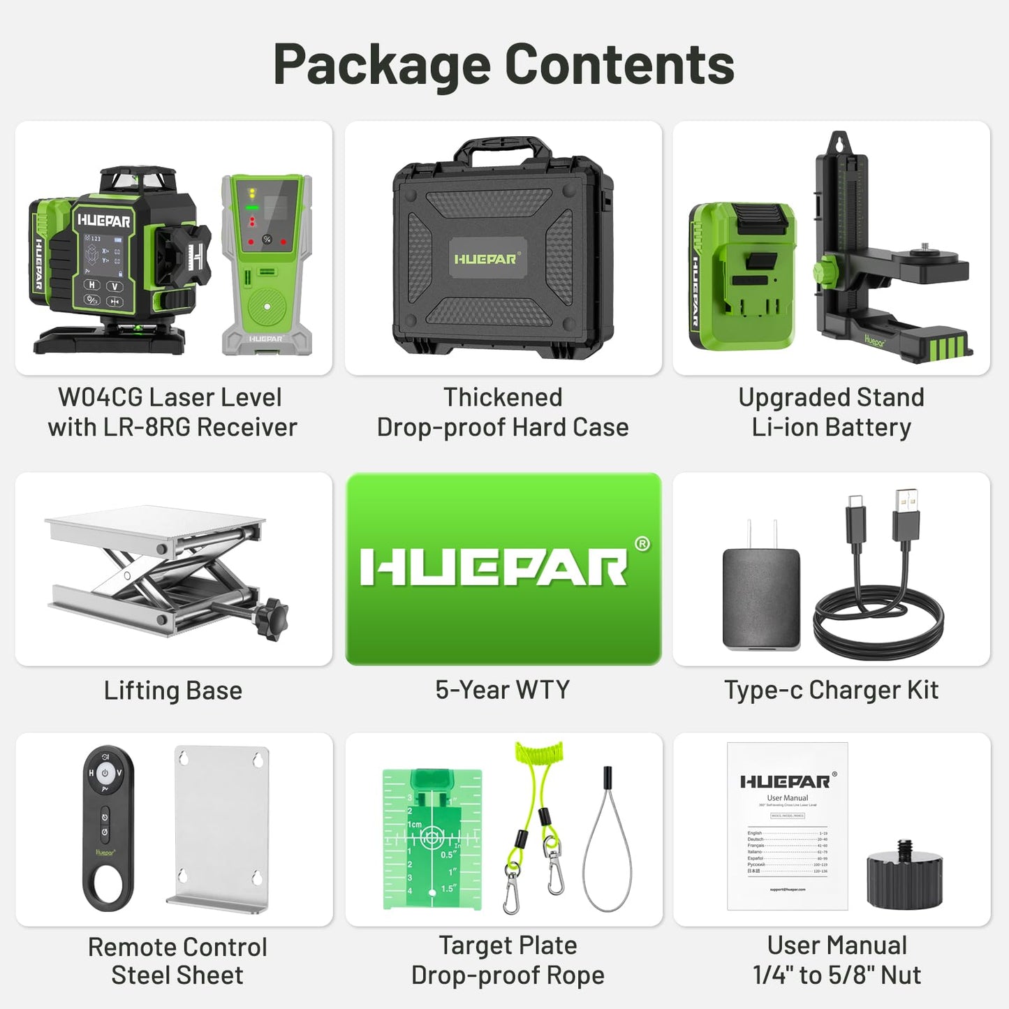 Huepar W04CG 4D Laser Level with Receiver for Outdoor or Longer Distance Use, Up to 400 ft, 4x360° Self Leveling Green Lazer Leveler Tool for Construction, Tiling, Framing, Drop Ceiling, Floor etc.