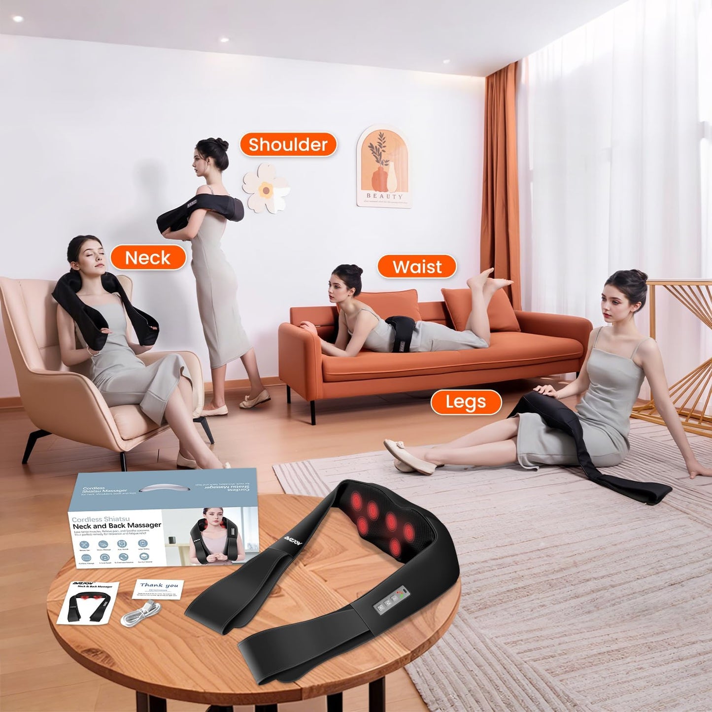 AMZPONY® Cordless Neck Massager for Pain Relief Deep Tissue, Rechargeable Shiatsu Neck and Back Massager with Heat Kneading Shoulder Massage for Body Muscle Pain Relief,Gifts for Mom Dad Friends