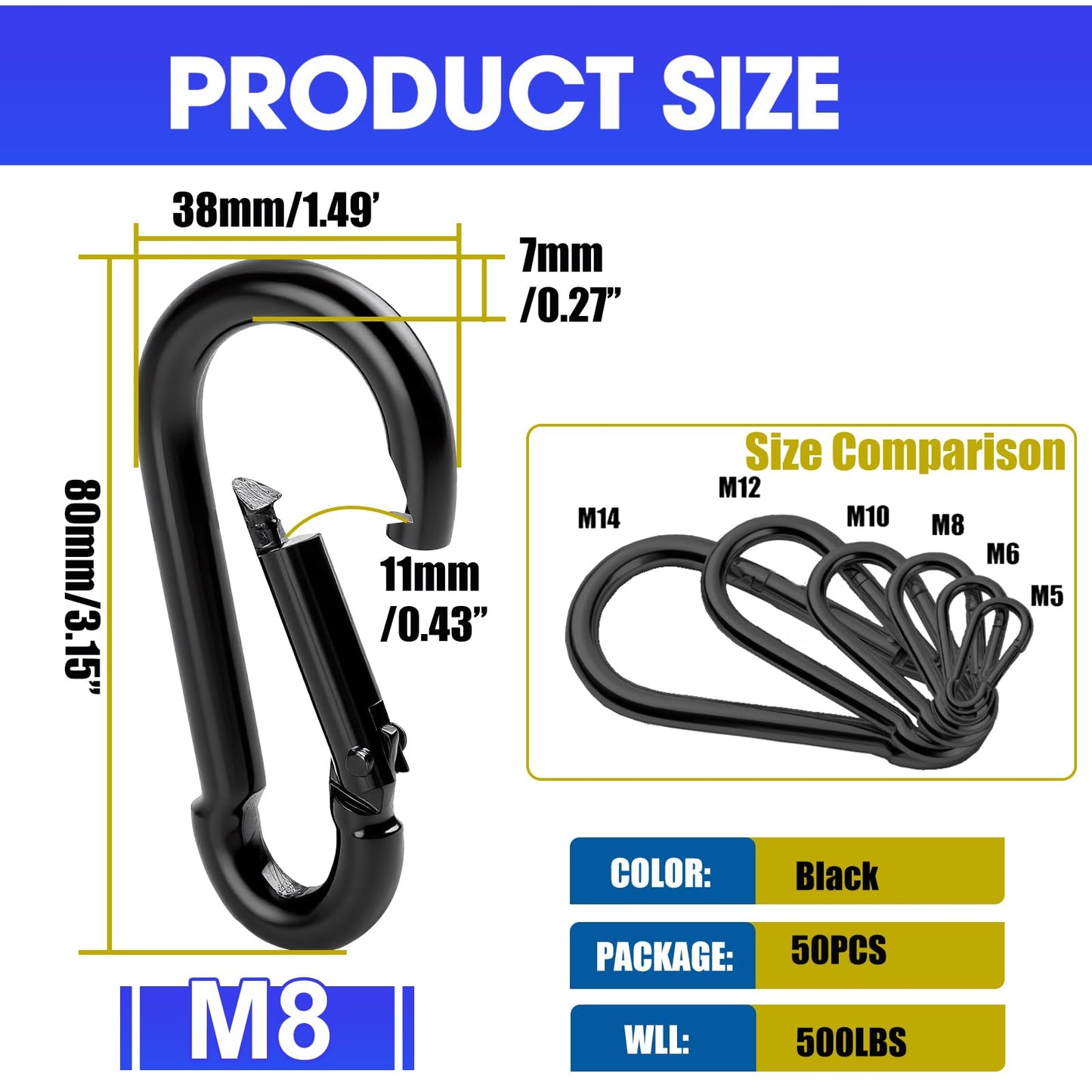 50Pack Carabiner Clips Heavy Duty, 3.2” Large Spring Snap Hooks Bulk, Galvanized Black Carabiners for Camping, Solid Spring Clips for Home Gym Hanging Hammocks Swing Hiking-500lbs Holding Capacity