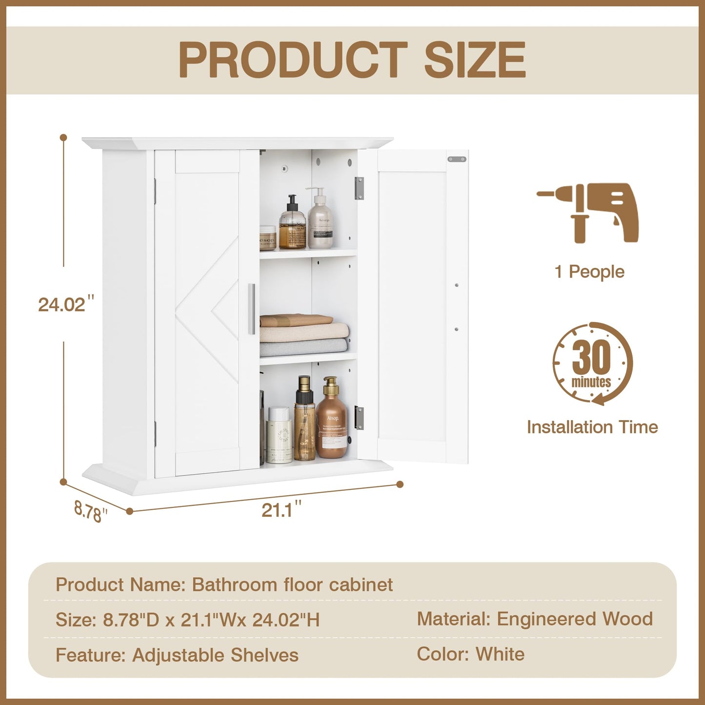 VECELO Freestanding Bathroom Storage Cabinet, Small Floor Cabinet with Doors and Adjustable Shelves, for Kitchen, Living Room, Laundry Room, Entryway, 21.1 x 8.78 x 24.02 Inches, White