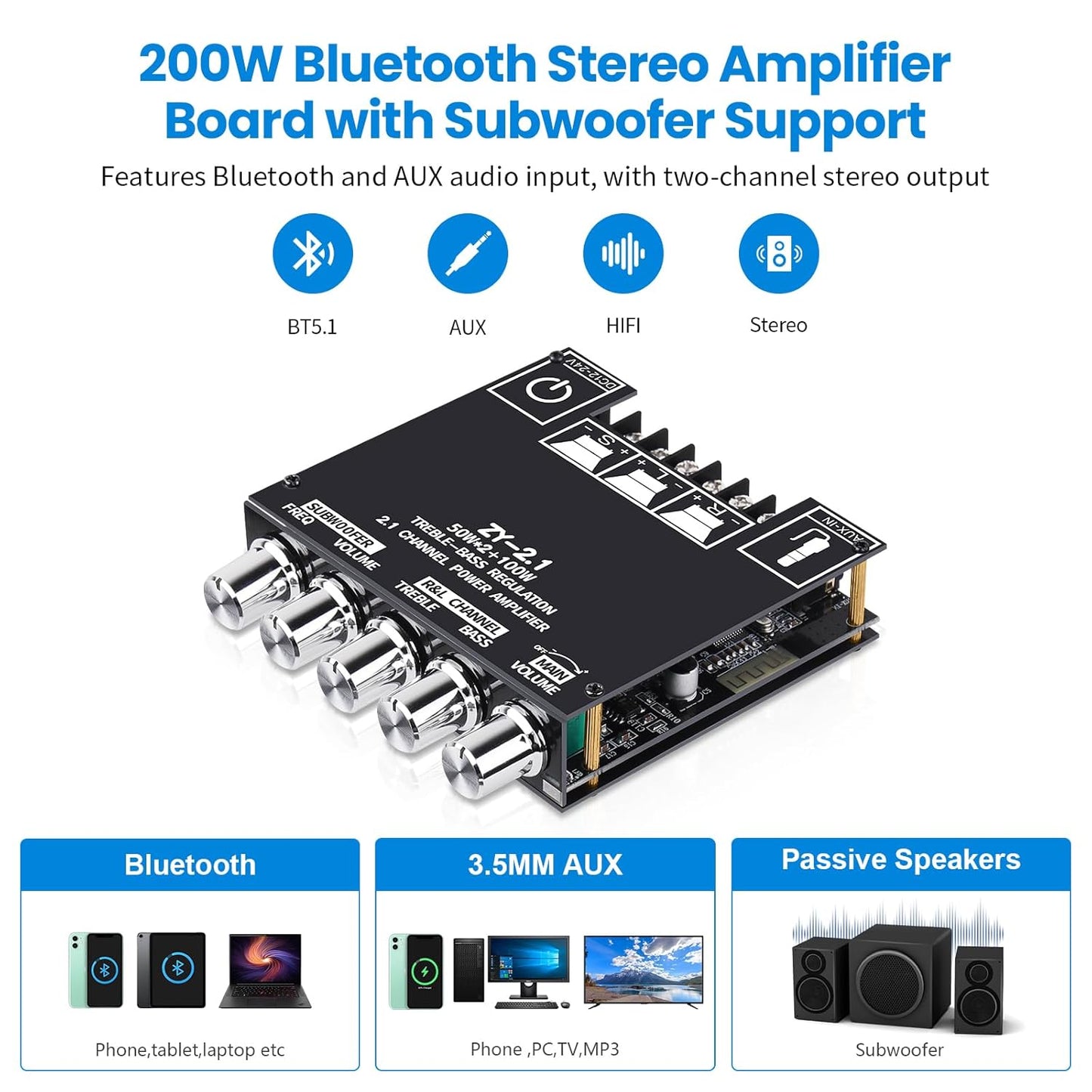 ZY-2.1 2.1CH 50W 2 +100W 5.1 Bluetooth Audio Amplifier Board, x Subwoofer Power Amp with Treble and Bass Control