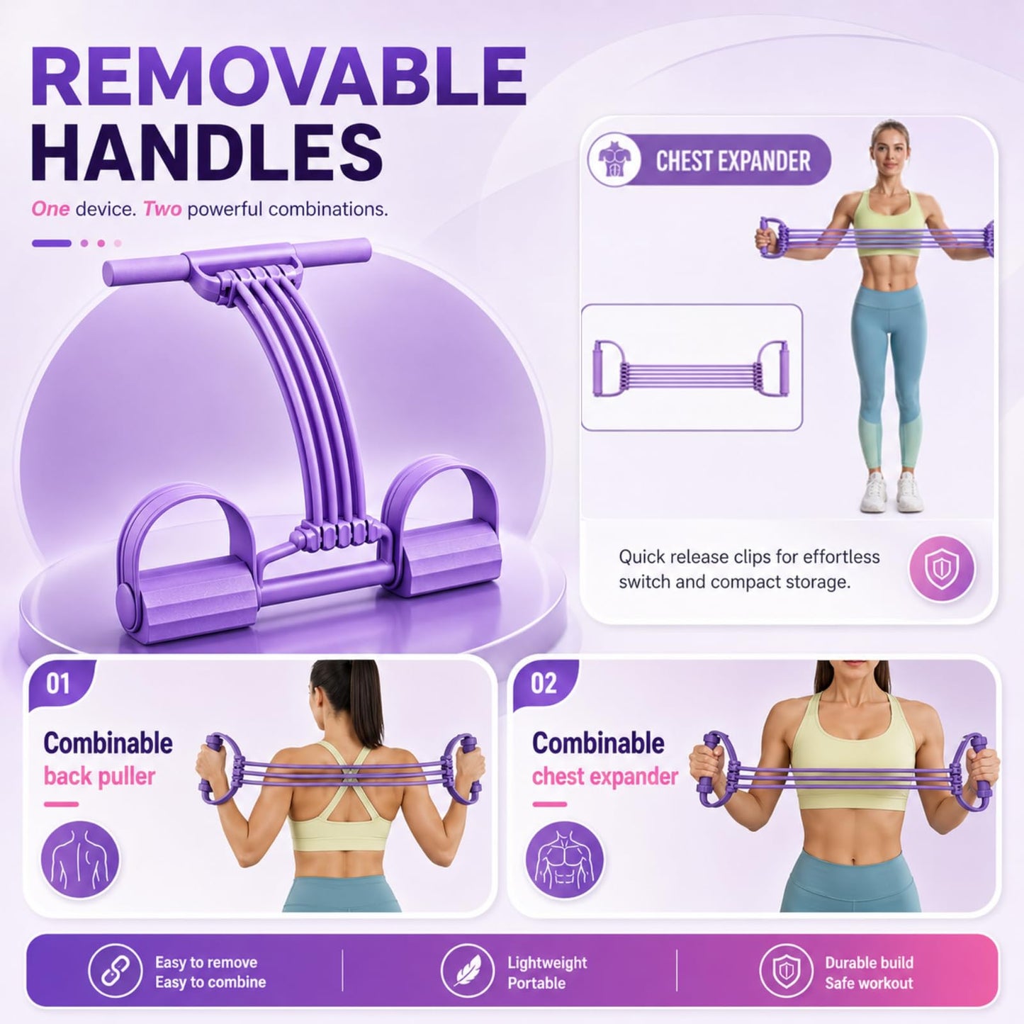 Pedal Resistance Band with Handles, 8 Tube Upgraded Exercise Band, 3-in-1 Multi-Function Latex Fitness Equipment for Foot Pull, Back & Chest Workout (Purple)