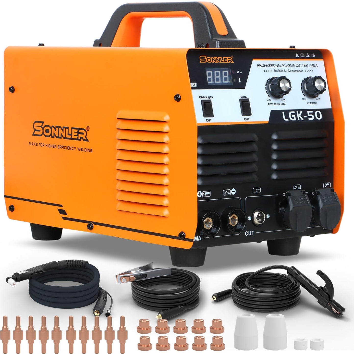 SONNLER 2 in 1 50A Plasma Cutter/MMA, 220V Digital Inverter IGBT Plasma Cutter Machine With Built-in Air Compressor, 1/3 Inch Clean Cut With Gas Delay.
