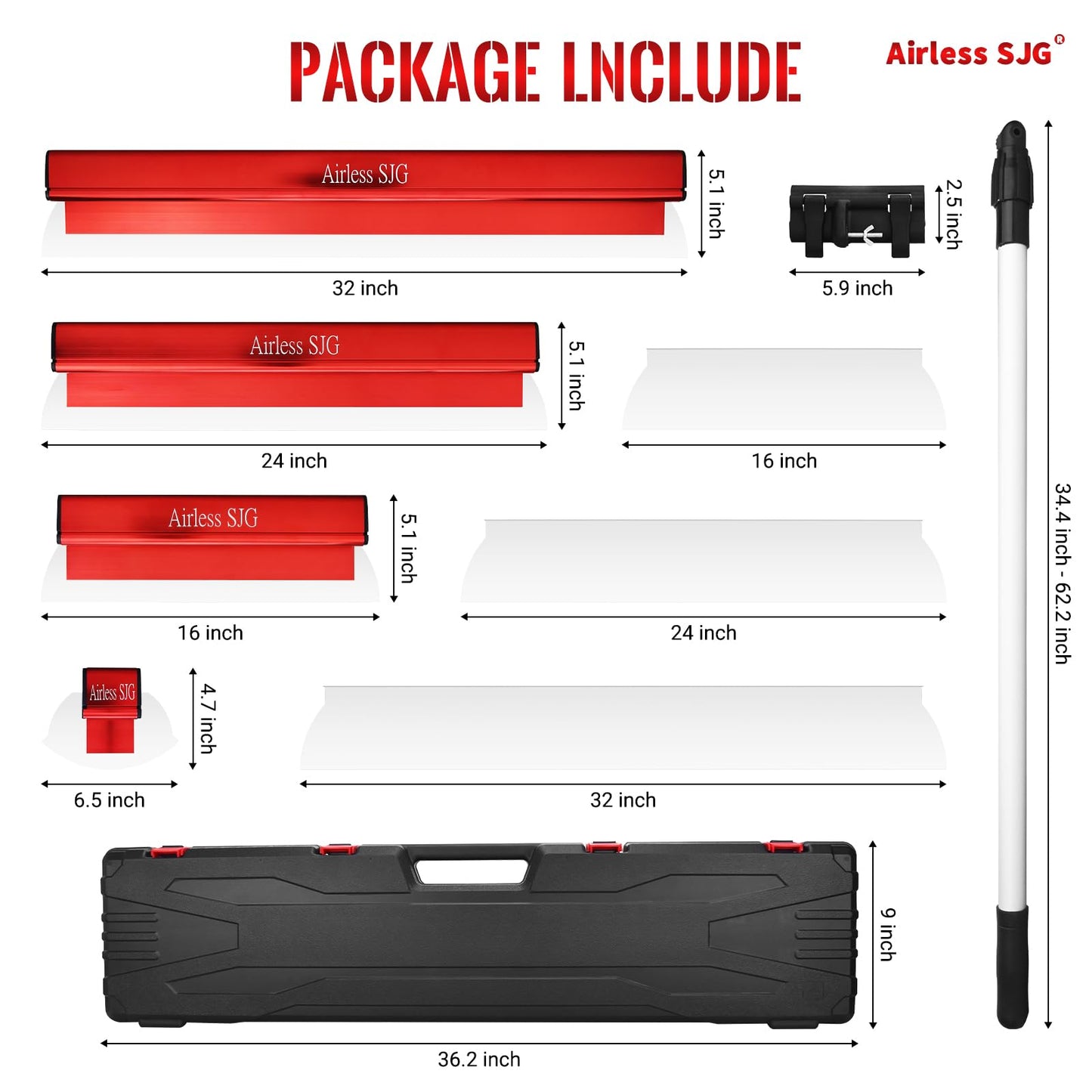 Aluminum-Handle Drywall Skimming Blade Set – 6.5",16", 24", 32" Stainless Steel Blades with 3pc Extra Replaceable Blades,34"-62" Extension Pole,Drywall Finishing Tools with Portable Case