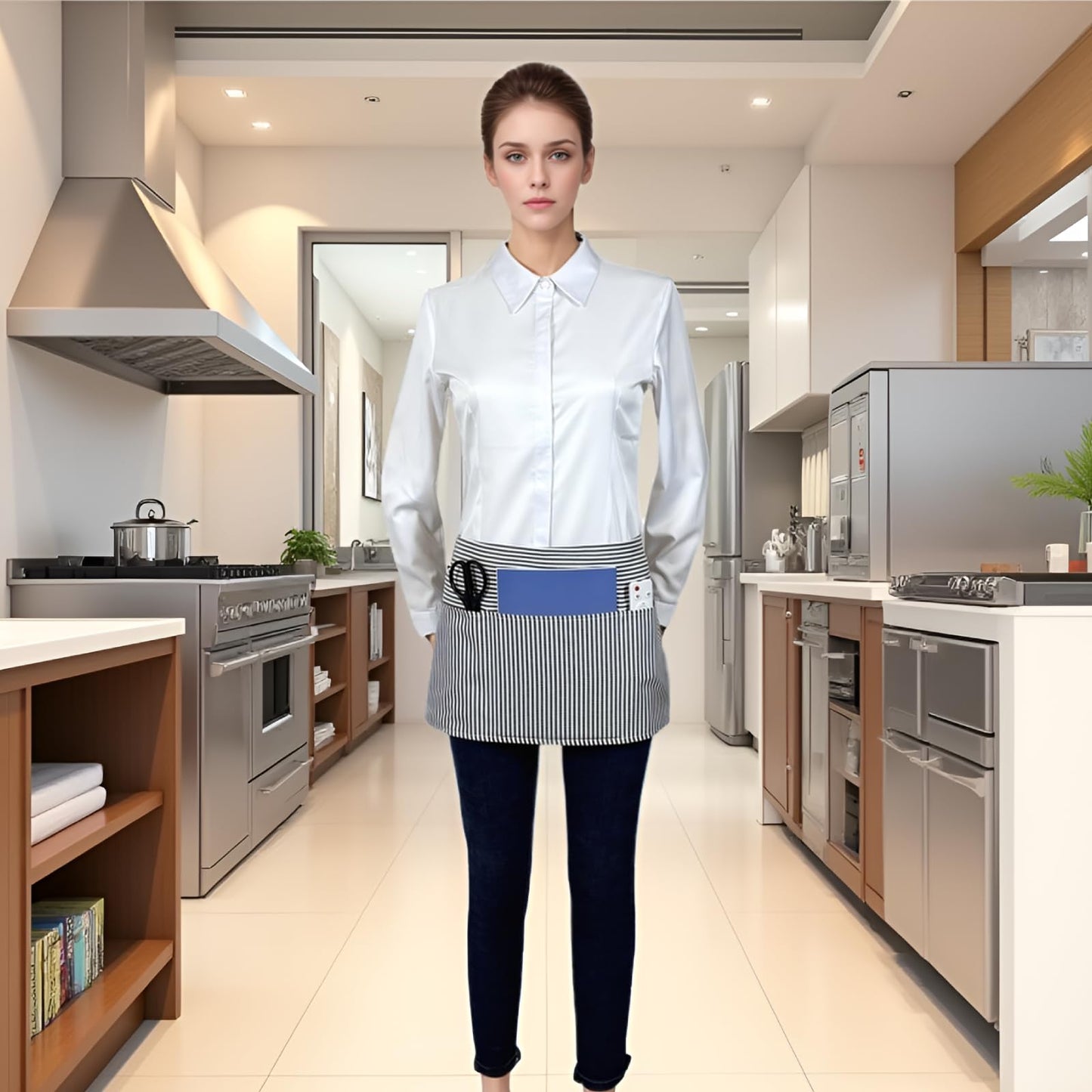 Syzornk Server Cotton Aprons 3 Pockets, 3 Pack Women Waist Apron for Cooking Grilling Kitchen, Chef Waitress Soft Short Apron for Men, Black Stripes
