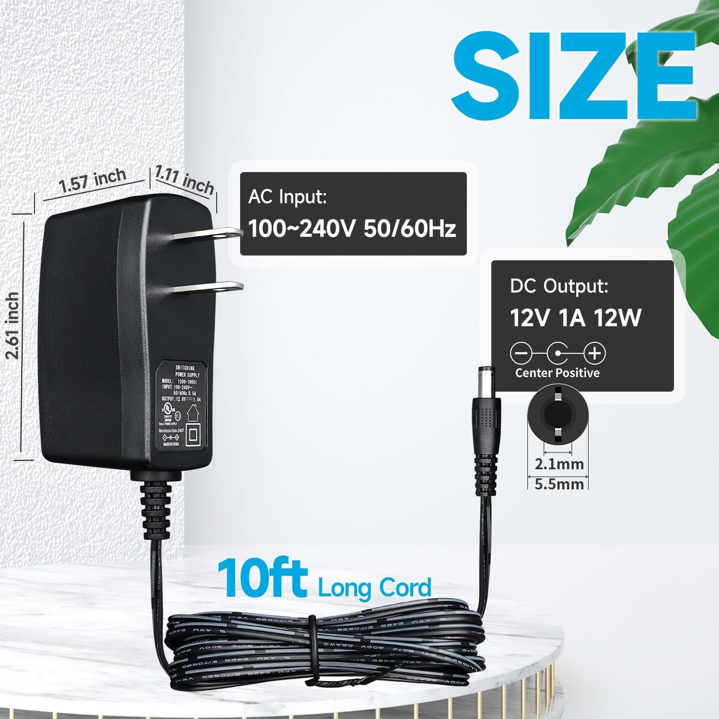 ANLINK 2 Pack 12V 1A 1000mA 10ft 8 12W Power Supply Adapter with Tips, Adaptor AC to DC Adapter Cord for LED Strip