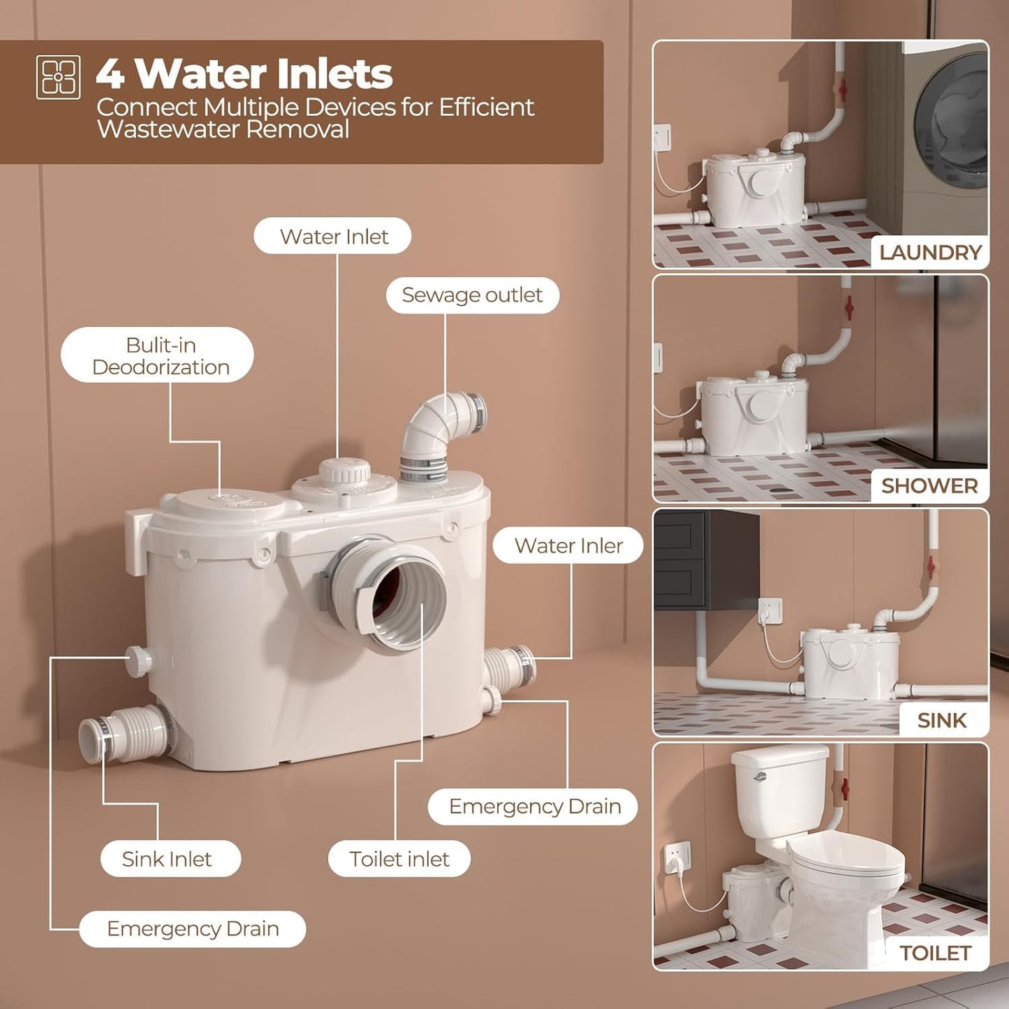 Upflush Macerating Toilet, Two Piece Elongated Tall Toilet with 4 Inlets Macerator Pump for Residential Basement Toilet, Sink, Shower Wastewater Disposal, Auto Start & Stop, Sewage Grinder System