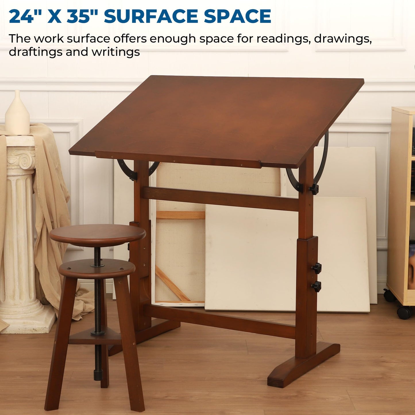 VISWIN Wood Drafting Table for Adults, 24'' x 35" Drawing Table with Adjustable Height & Angle for Art Studio, Solid Pine Wood Artist Desk for Drawing, Drafting, Writing, Reading, Sketching