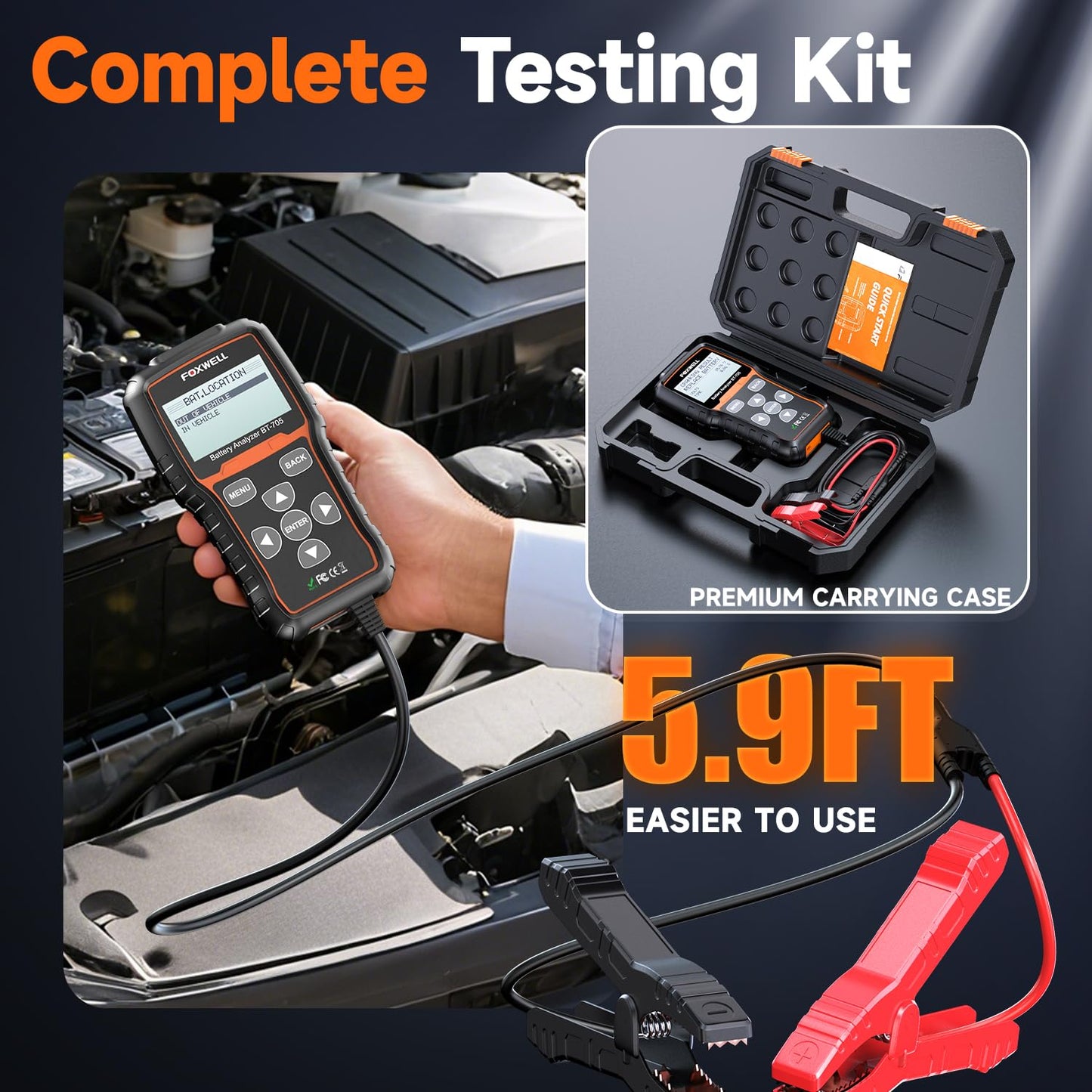 FOXWELL BT705 Car Battery Tester 24V 12V, Professional Alternator Tester, Automotive 100-2000CCA Load Tester, Digital Cranking Charging System Analyzer with High Accuracy for Trucks, RVs & Boats