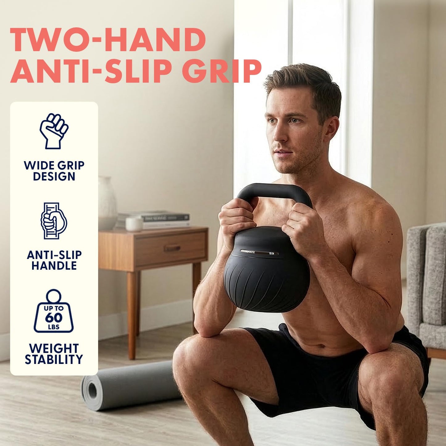 Squatz Soft Drop Kettlebell Set for Home Gym Strength Training - Cushioned Base Kettlebell Set with Wide Grip Handle, Floor-Safe Design, 15 lb, 20 lb, and 25 lb Weights for Full Body Workouts