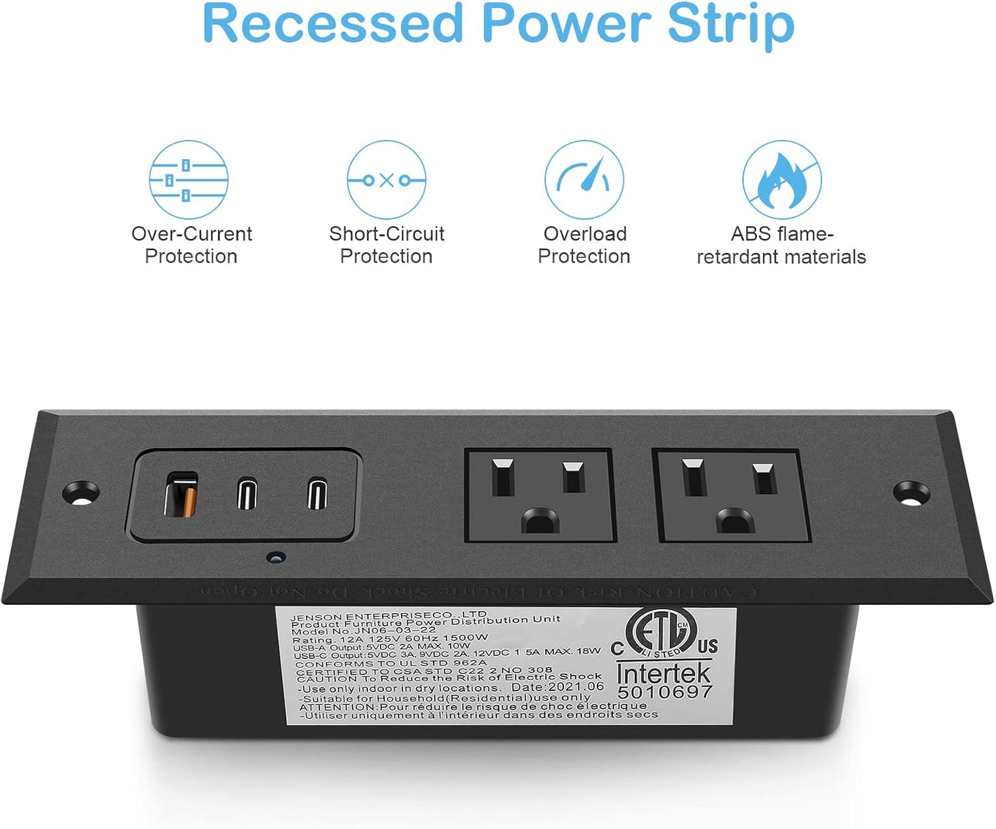 CCCEI 45W 6 45 Recessed Power Strip with USB-C Ports, Fast Charging USB A Port Desk Outlet, Black Furniture Hidden
