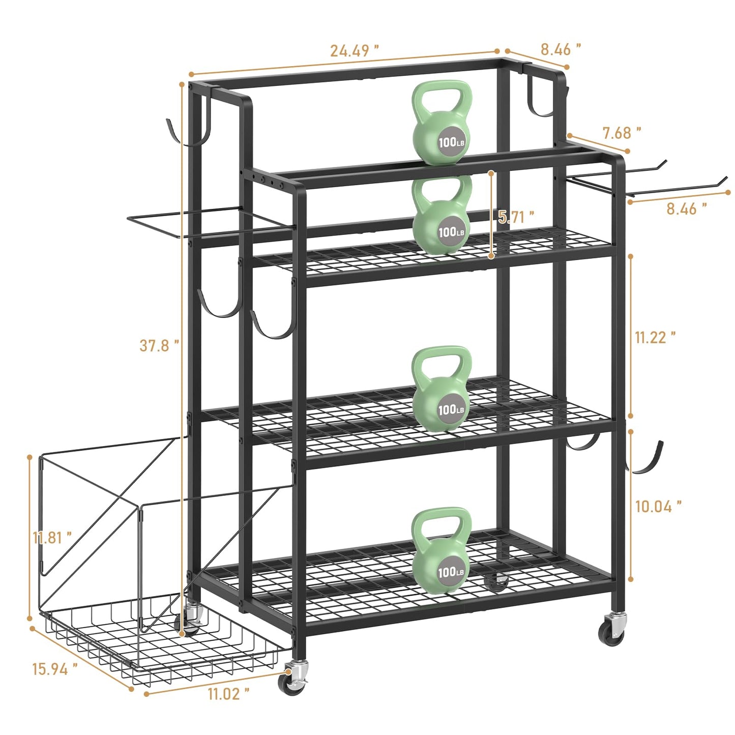 GloCryp Home Gym Storage Rack, Multi-functional Workout Equipment Storage for Dumbbells, Kettlebells & Yoga Mats, Heavy Duty Weight Rack for Home Garage Gym, Rolling Fitness Equipment Organizer with Hook