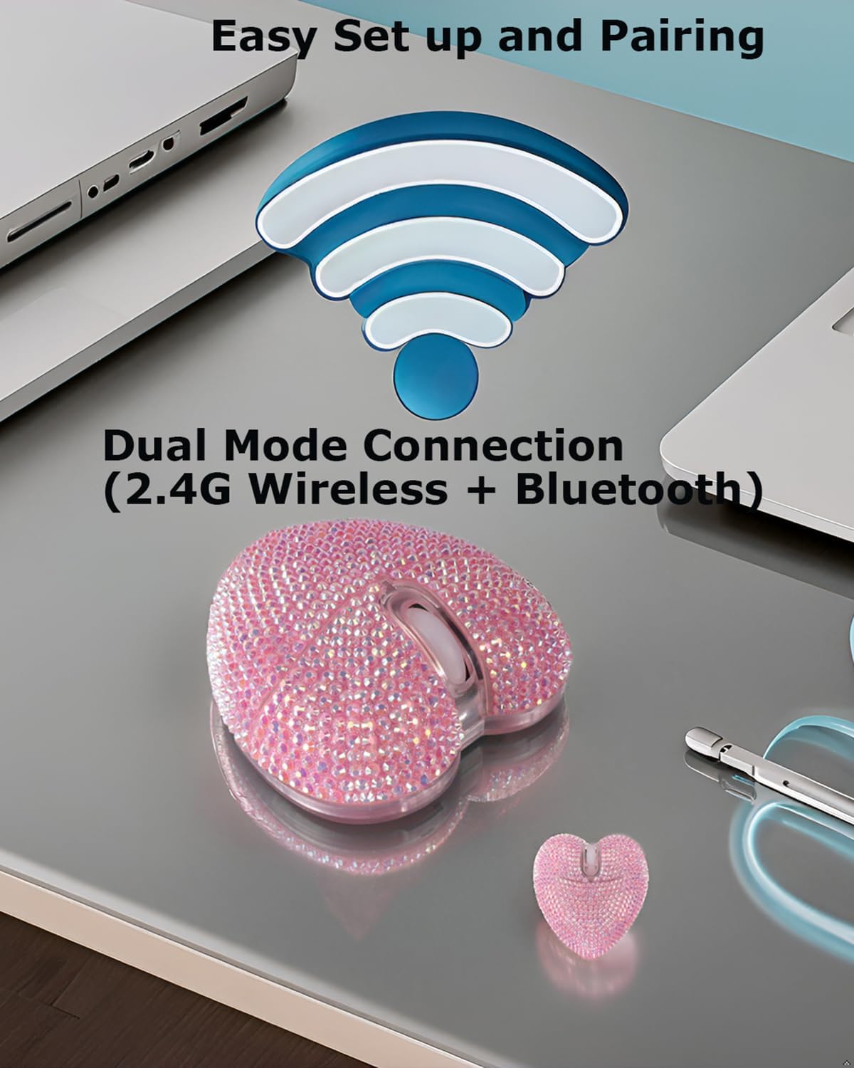 SHARE SUNSHINE Wireless Bluetooth Mouse Cute Pink Love Heart Shinning Led Light Silent Portable Lightweight USB Optical