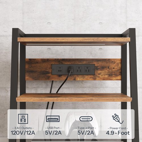 HOOBRO 4-Tier AV Media Stand with Charging Station and LED Light, Wooden Stereo Cabinet, Game Console Stand, Media Audio Rack, Record Player, Entertainment Center, Rustic Brown and Black BF106UDCJ01