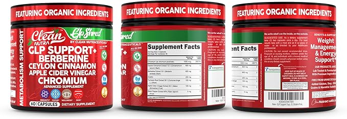 GLP1 Supplement Berberine Ceylon Cinnamon Apple Cider Vinegar Chromium Turmeric PCOS Supplements Immunity & Metabolism Support 60 Vegan Capsules by Clean Nutra
