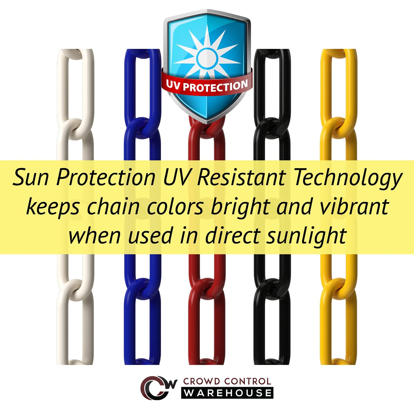 Montour Line Plastic Stanchion Yellow 2.5 Inch Diameter with 50 Foot Chain, 6-Pack, Crowd Control Barriers