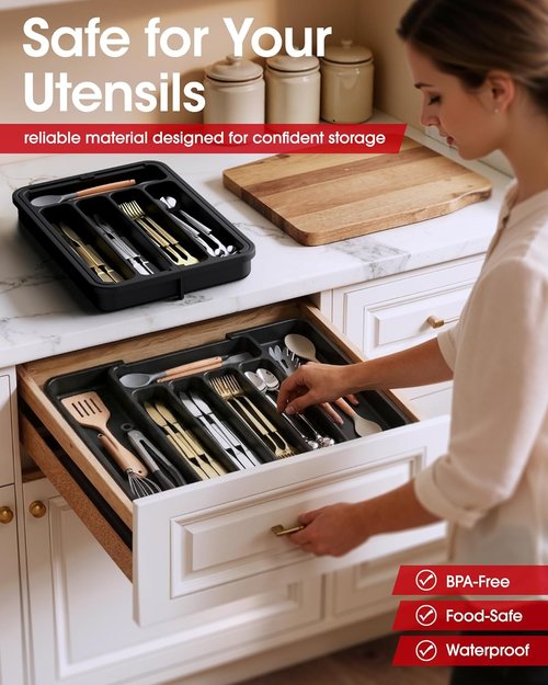 Aujen Silverware Organizer - Expandable Utensil Tray for Kitchen Drawers | Adjustable Cutlery Storage, Black, Medium