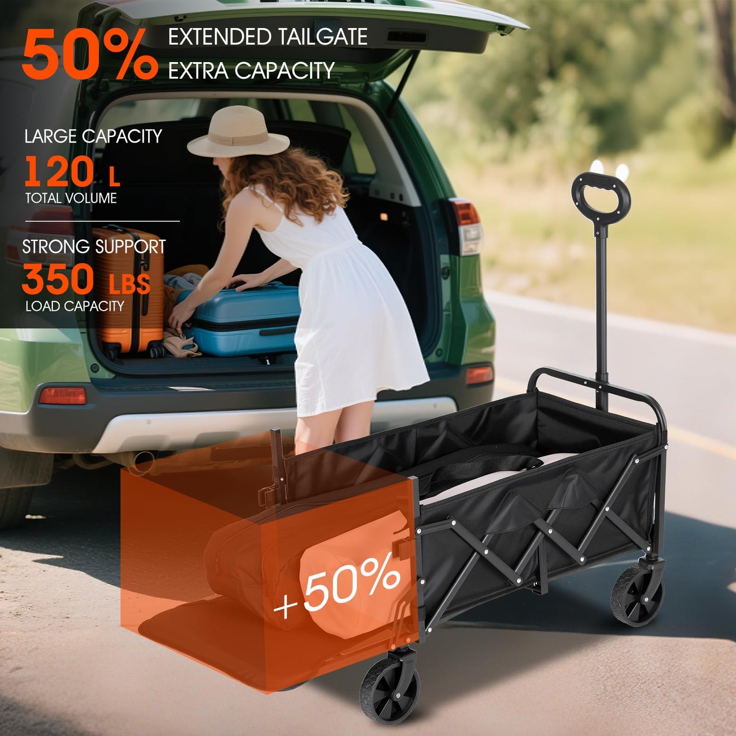 Verovita 350LBS Heavy Duty Collapsible Wagon with Extended Tailgate - 120L Foldable Utility Cart, All-Terrain Wheels Portable Beach Wagon for Camping, Grocery Shopping, Picnic & Outdoor Travel