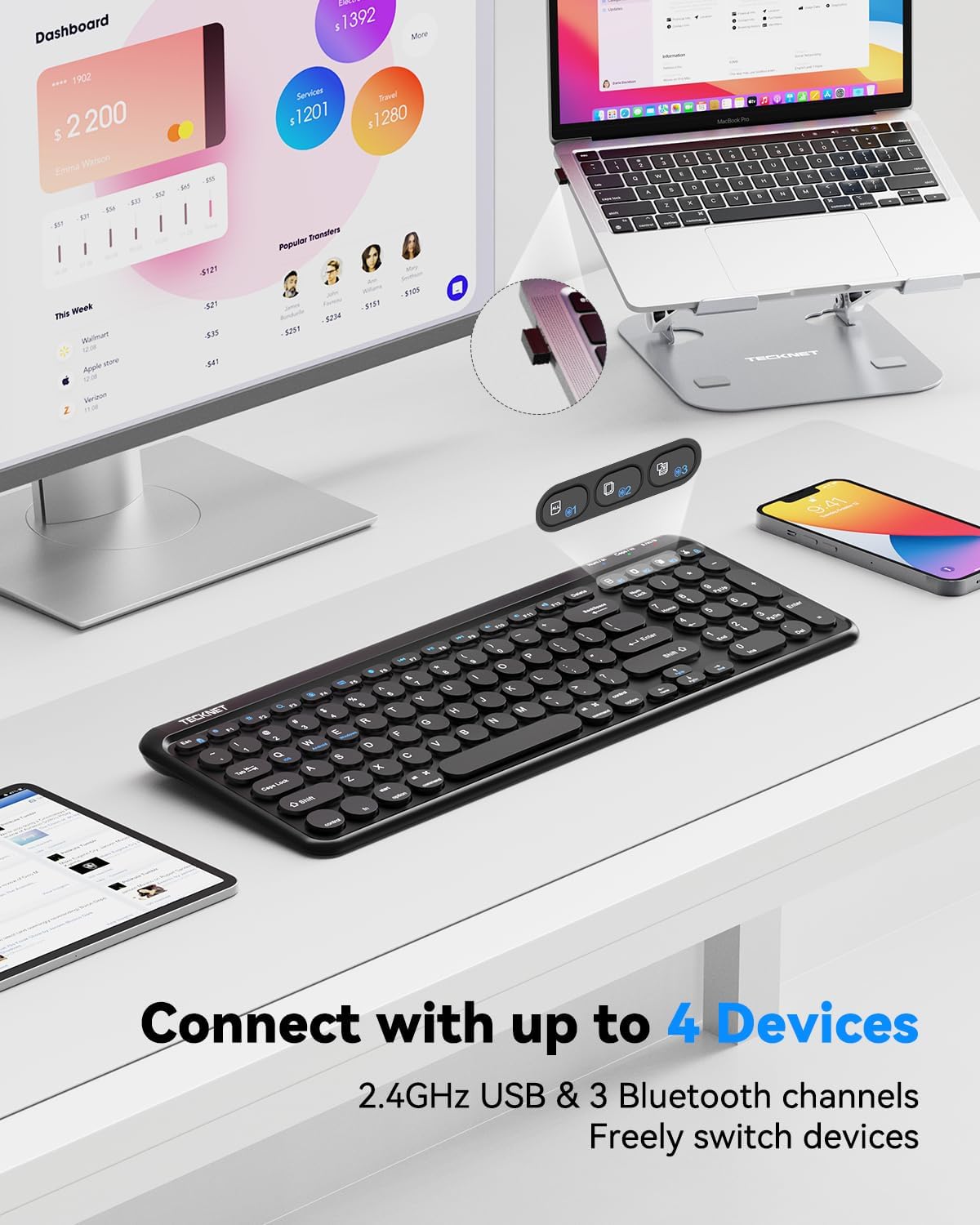 TECKNET 2.4G 4-Device 7 Wireless Keyboard Bluetooth & USB, Up to Connection, USB C Rechargeable Battery, Quiet Typing