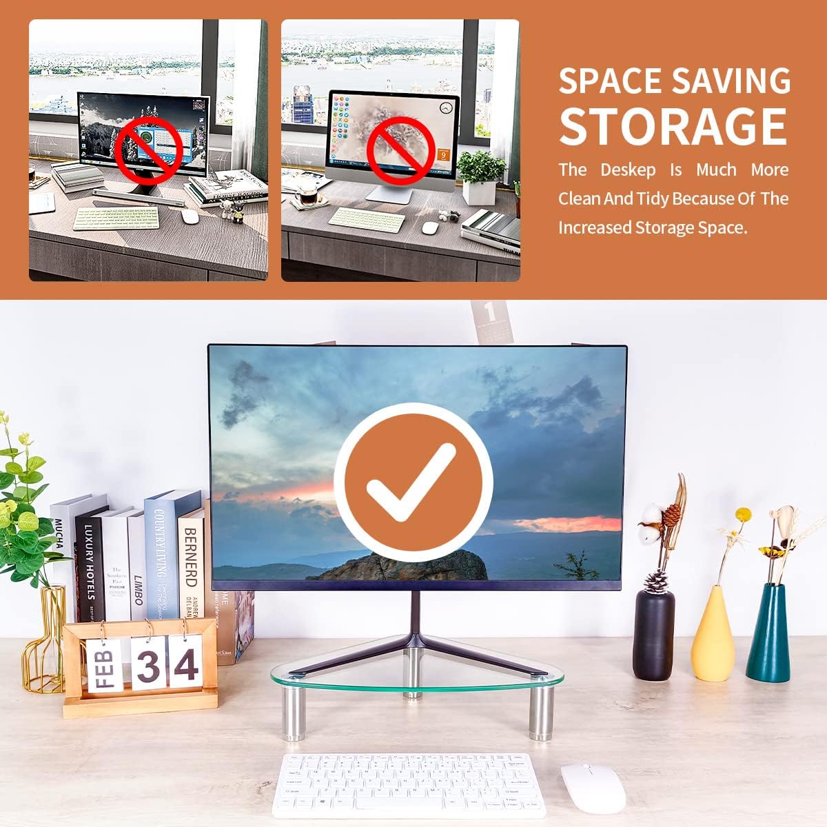 HD01T-003 Hemudu Clear Glass Computer Monitor Riser / Triangle Desktop Universal Corner Stand for Computer Monitor