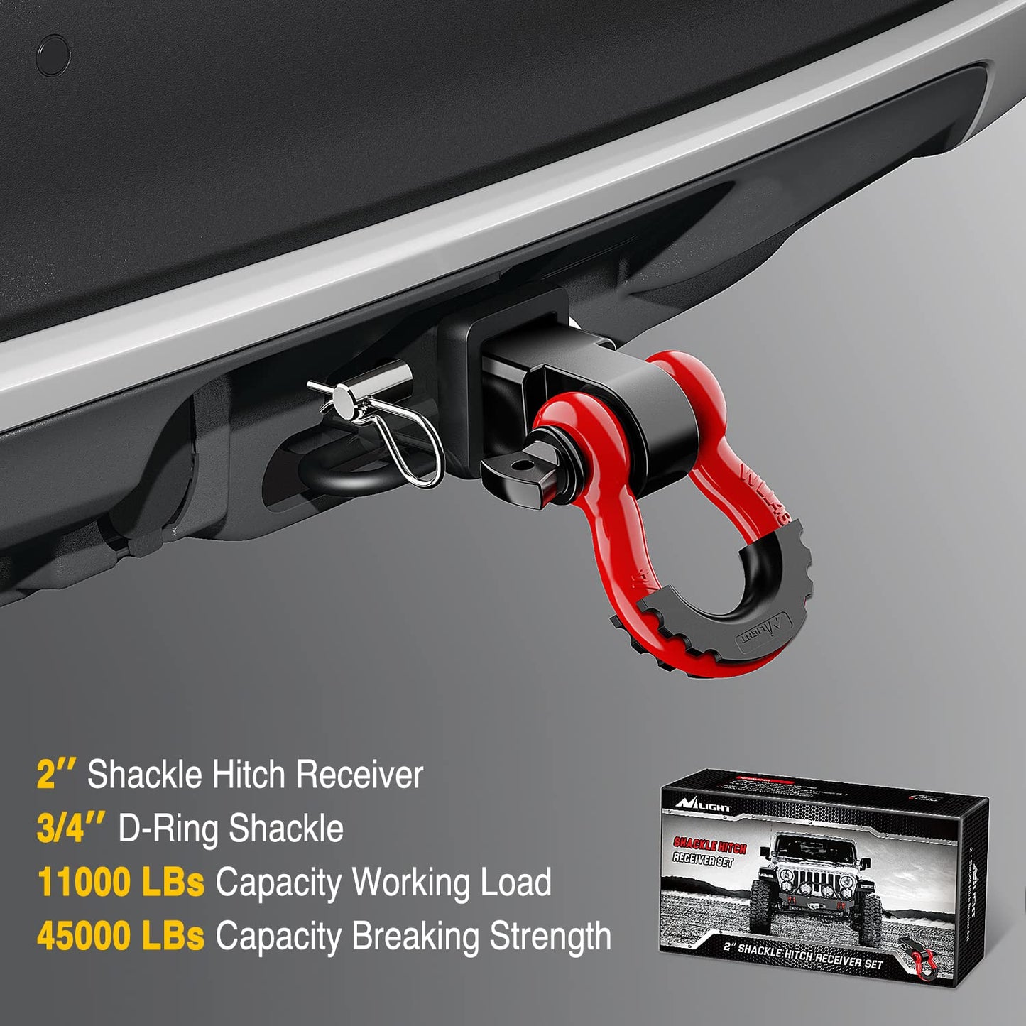 Nilight Shackle Hitch Receiver 2Inch 45000 LBs Breaking Strength 3/4" D Ring Shackle w/Trailer Hitch Pin Heavy Duty Solid Recovery Towing Kit for Trucks Jeeps Off-Road