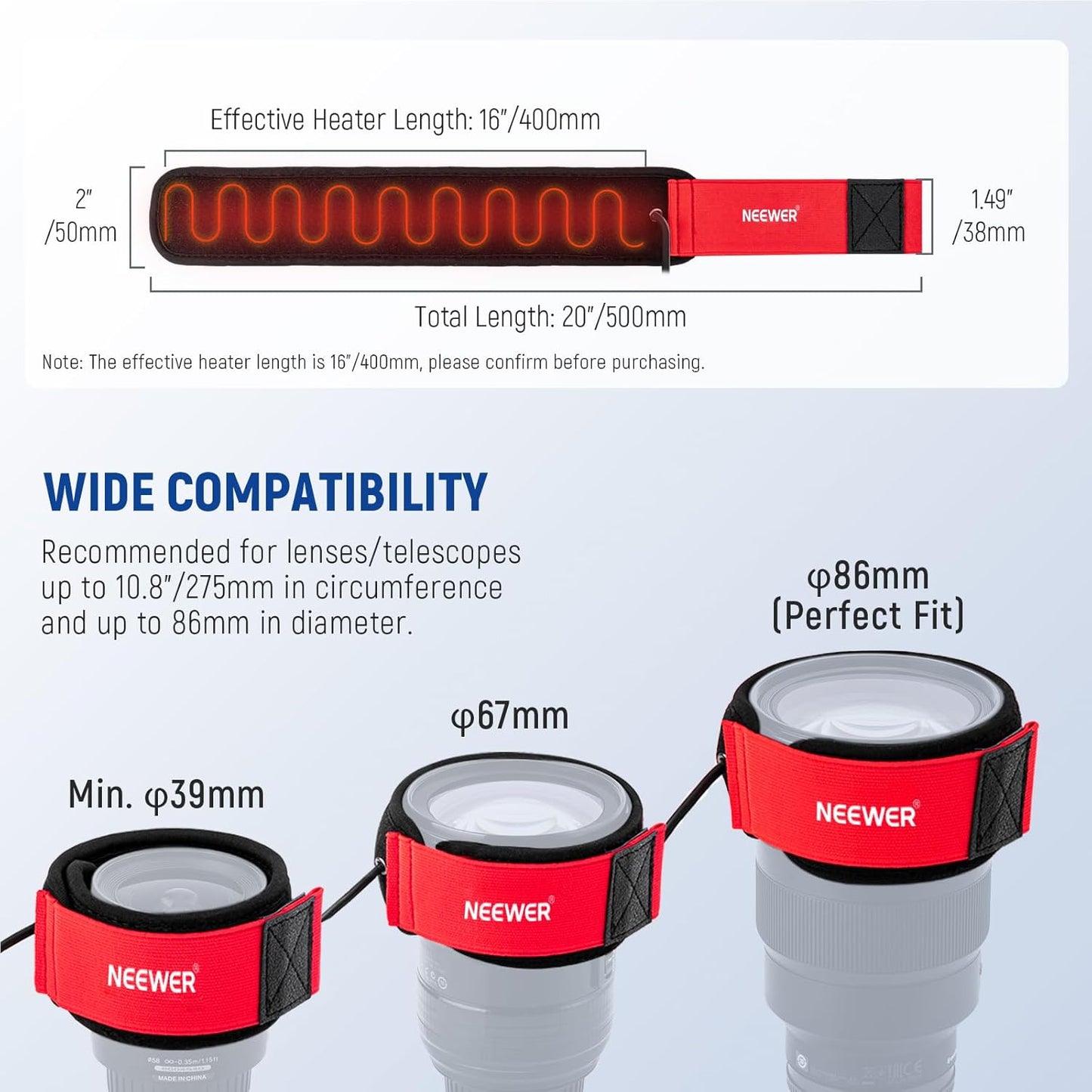 20"/500mm 3 Settings, HW-20B NEEWER USB Lens Heater Warmer with Temperature Dew Heater Strip Prevents Dew Fog