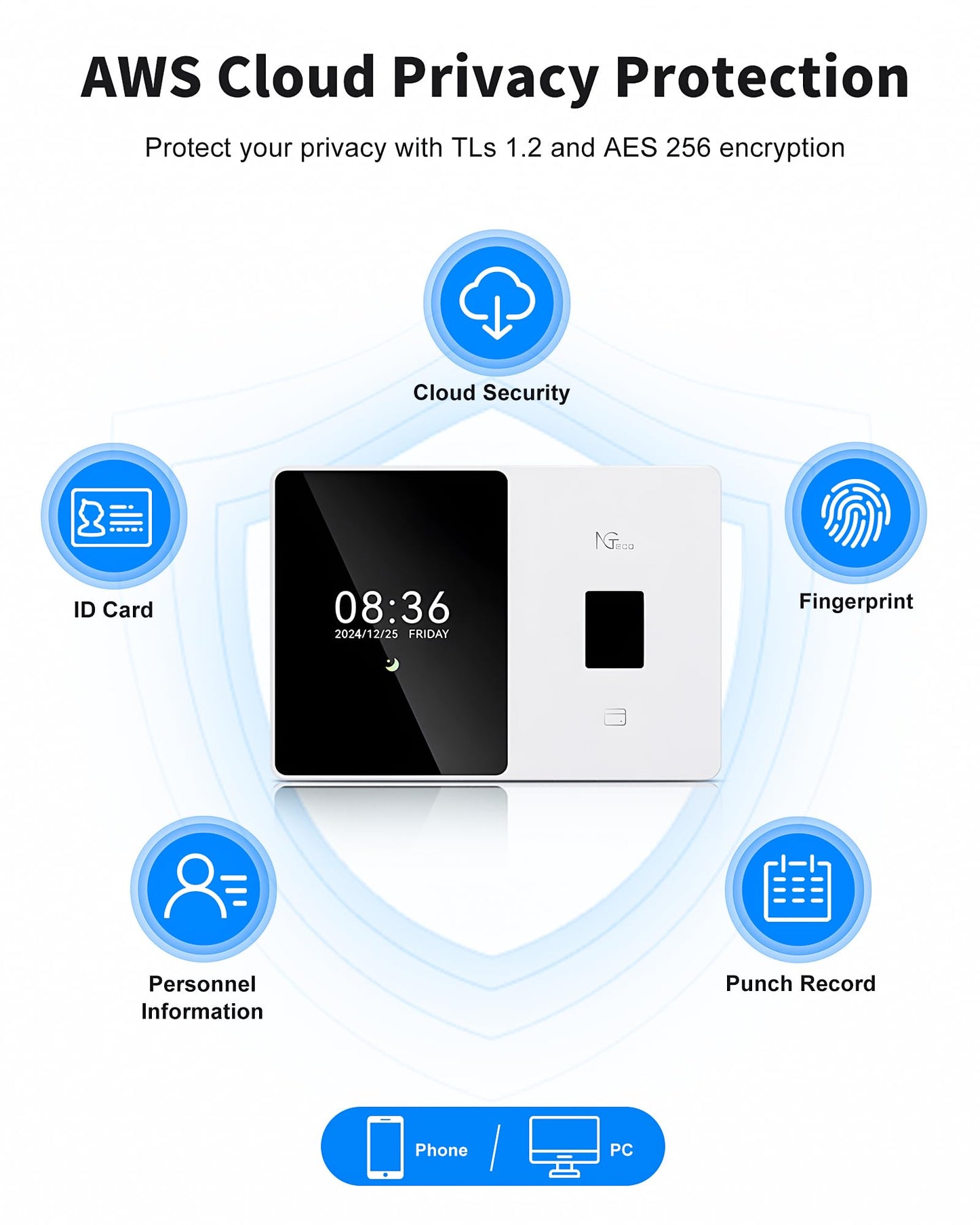 NGTeco Cloud Employee Time Clock, Fingerprint & Card Punch Machine with 2.4G/5G WiFi, 2000mAh Backup Battery, Remote APP/Web Control & AWS Secure Storage (0 Monthly Fee)
