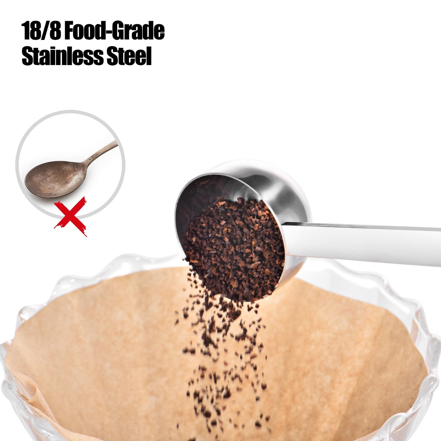 18/8 Stainless Steel Coffee Scoops, Doosu Food-Grade Metal Measuring Spoons with 8.5in Long Handle, Tablespoon Scooper for Coffee Beans, Ground Coffee, Espresso, Protein Powders, Tea (1 & 2 Tbsp)