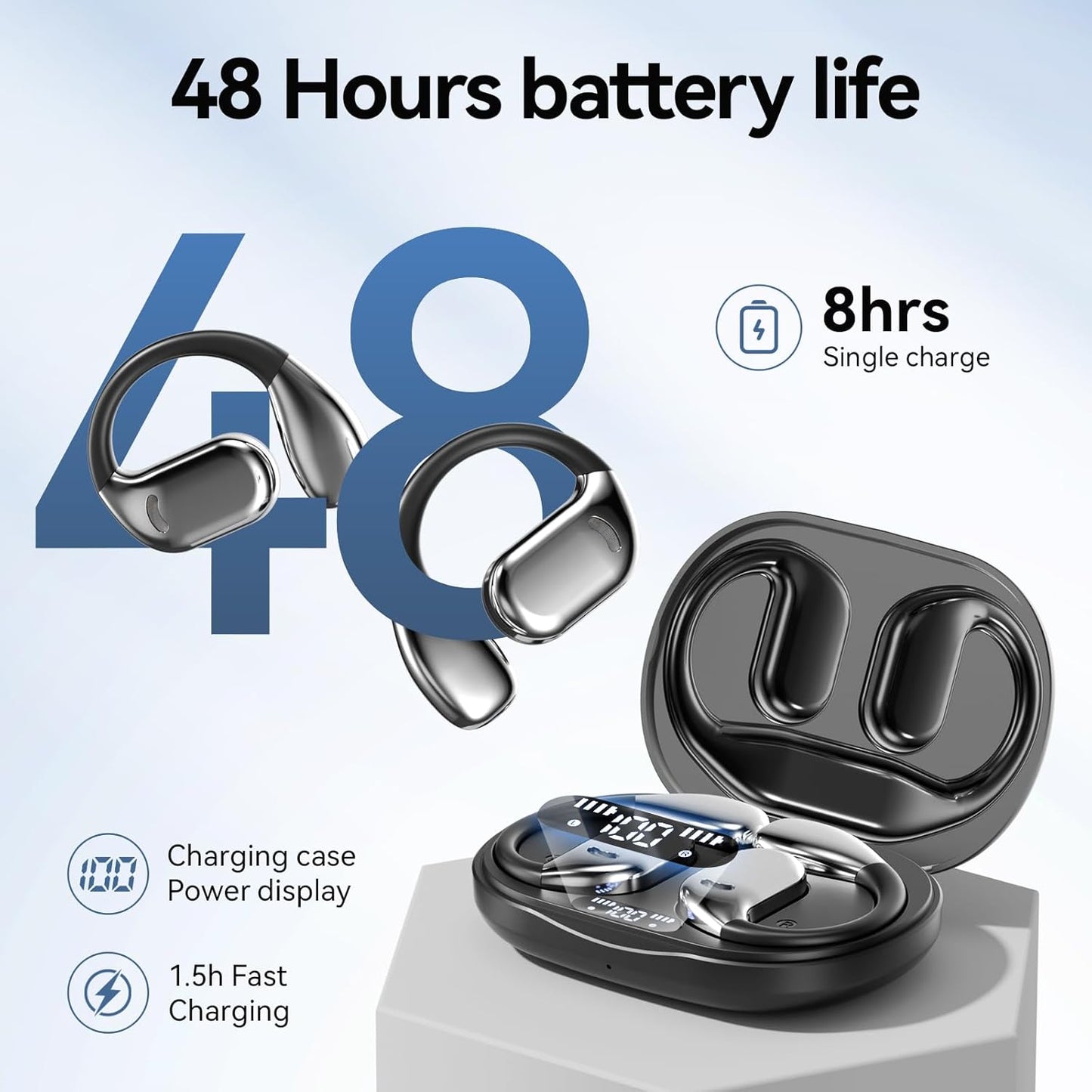 48h IPX6 Open Ear Earbuds Bluetooth Wireless Headphones with LED Power Display, Playtime, Waterproof Comfortable