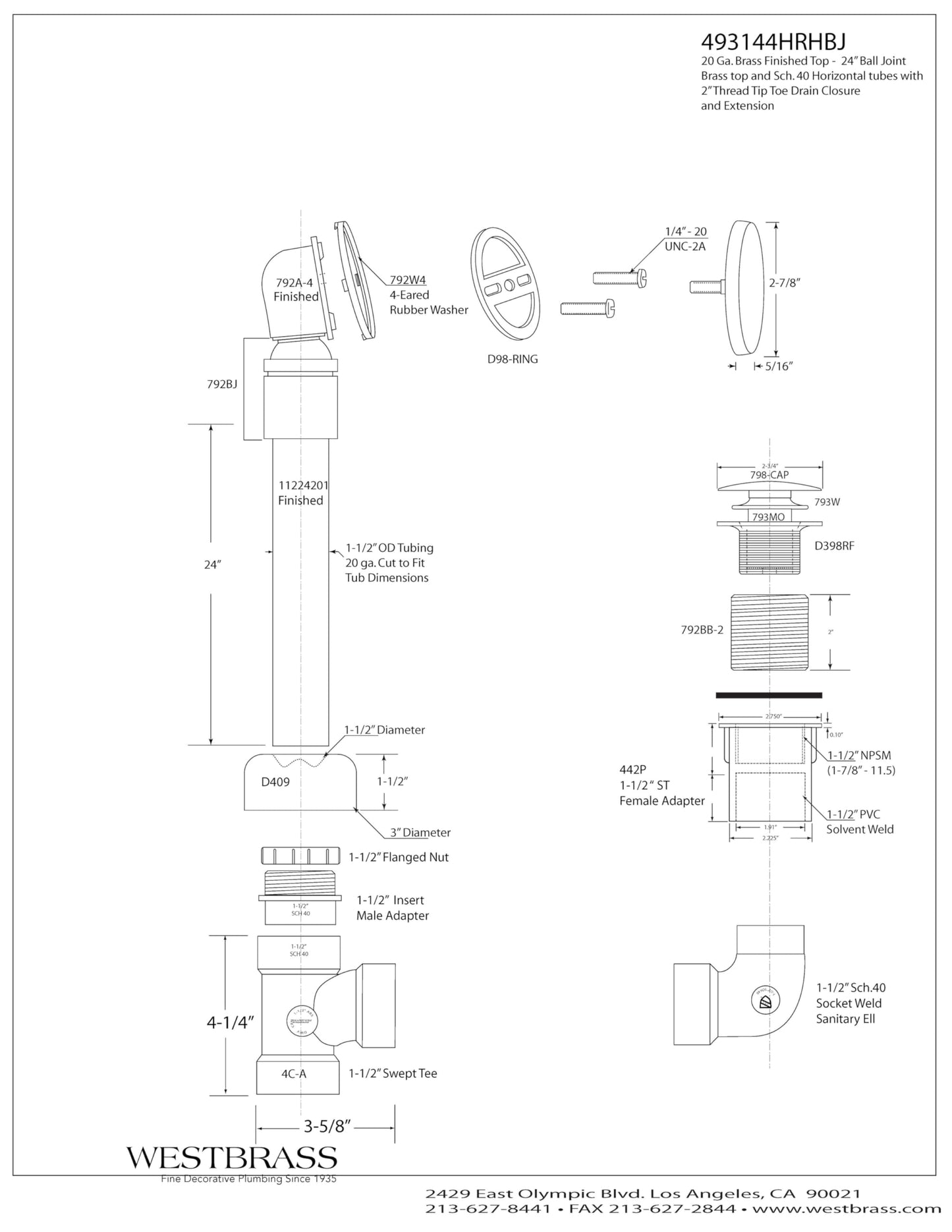 Westbrass 493144HRHBJ-07 Semi-Exposed Tip-Toe Bath Waste & Overflow Assembly with OverflowElbow Ball Joint, Illusionary Faceplate and Sch. 40 ABS Fittings, Satin Nickel