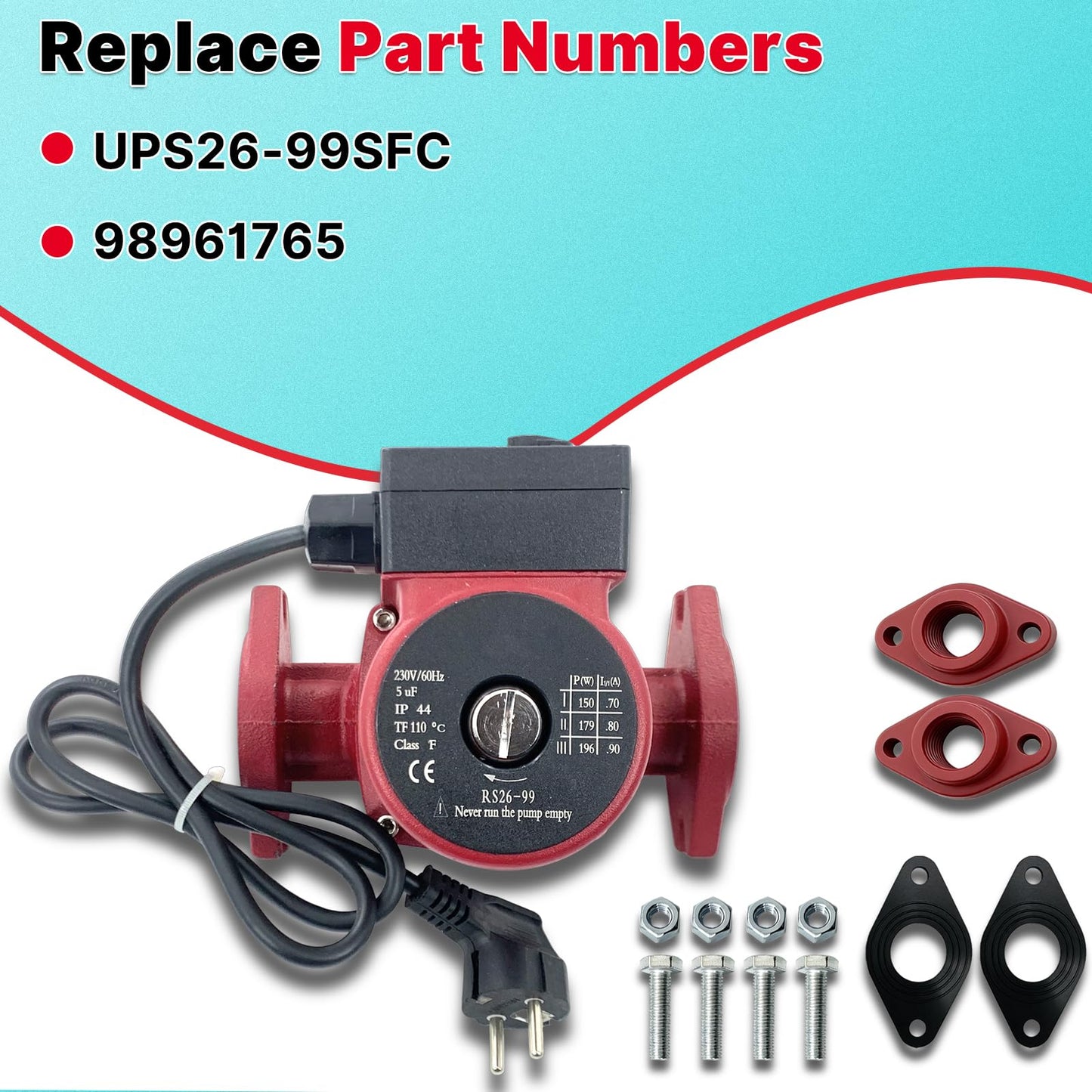 UPS26-99SFC Circulator Pump 230V 1/6 HP 3-Speed Hot Water Recirculating Pump Compatible with G-rundfos Flanged Hydronic Heating Pump Replace 98961765