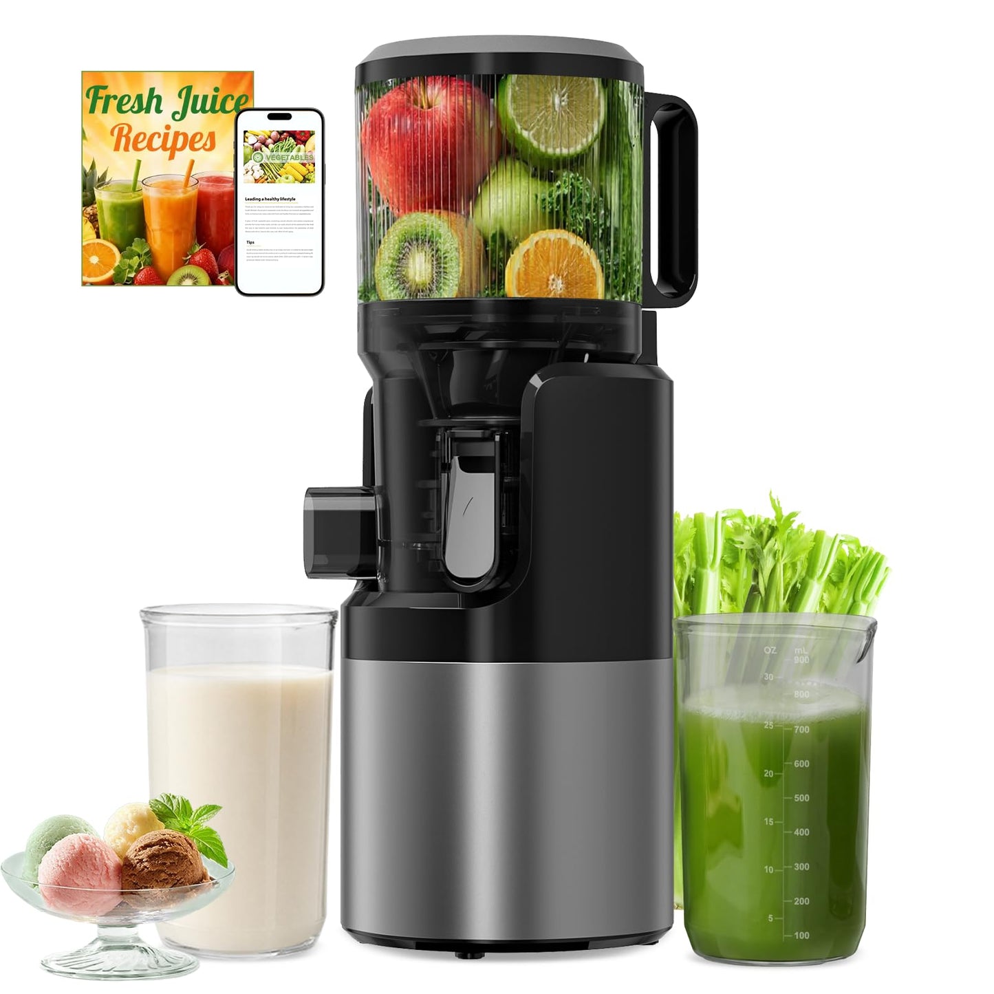 XTKKGFBIR Cold Press Juicer, 400W Masticating Juicer with 6" Extra-Large Feed Chute, 55RPM Slow Juicer, High Juice Yield, Easy to Clean, for Whole Fruits, Vegetables, Nut Milk & Sorbet, 1.8L Capacity