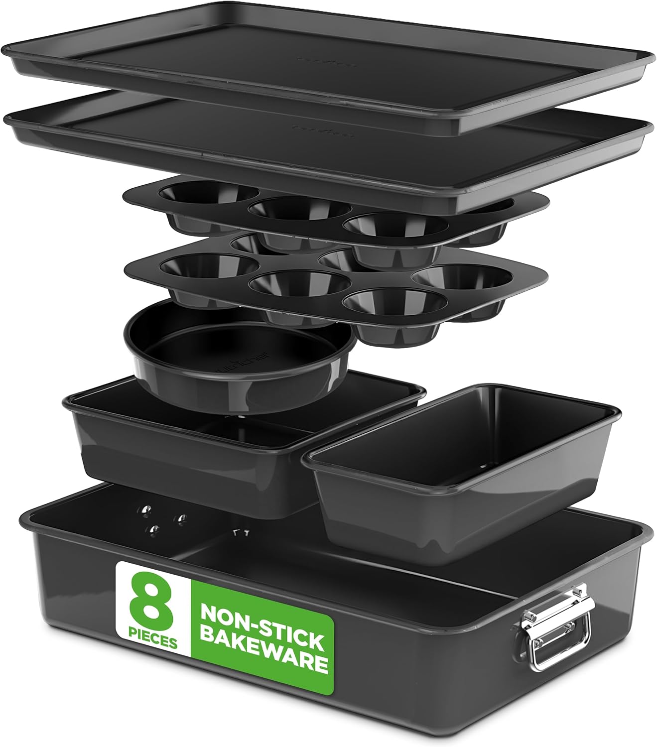 NutriChef 8-Piece Nonstick Bakeware Set - Premium Steel Baking Pans for Cakes, Muffins, Brownies & More | Black