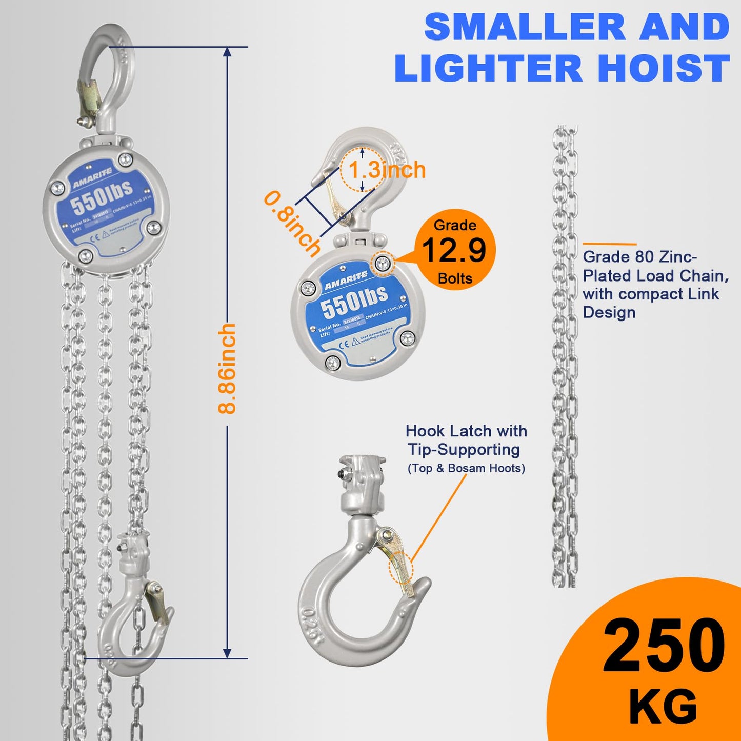 2 Pack AMARITE 1/4 Ton Compact Small Chain Hoist 550lbs Capacity Low-Profile Design with Dual Brakes & Vertical Beam Clamp 2200lbs (1 Ton) Working Load Limit
