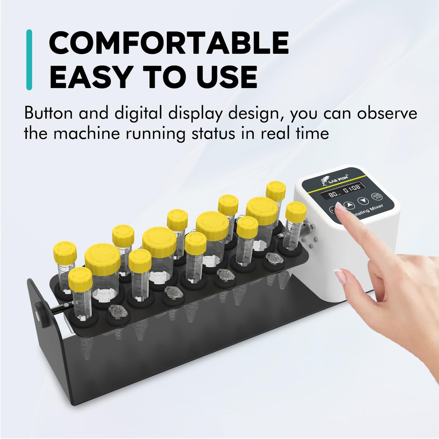LAB FISH Digital Long Axis Rotating Mixer Shaker Chemical Tube Mixer Adjustable Speed 20-80RPM Timer 1min-23h59min & Continuous Mode for 2/5/10/15/50ml Test Tubes