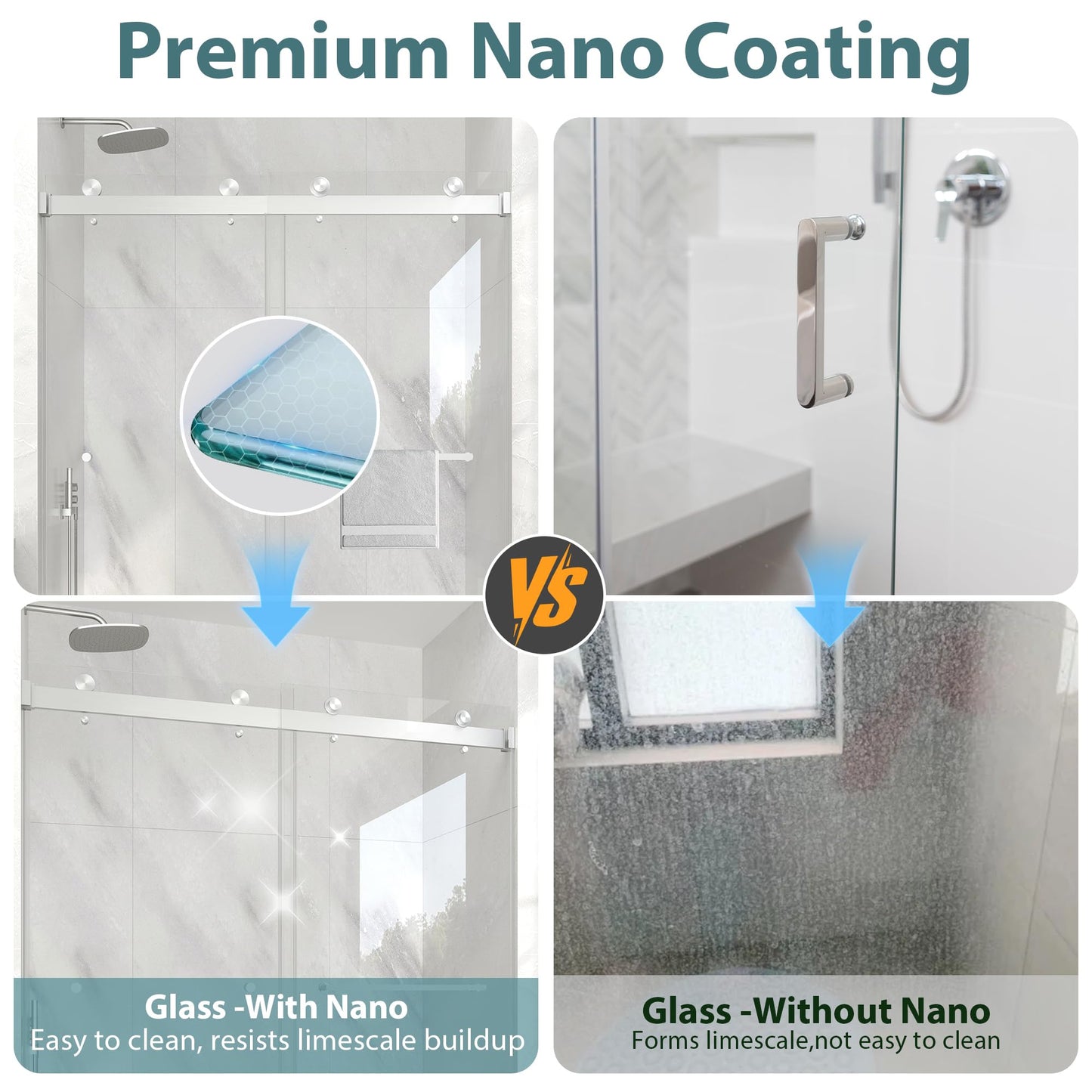 KPUY Frameless Shower Door, 43-48" W x 76" H Double Sliding Glass Shower Door, 1/4" (6mm) Thick Tempered Clear Glass with Explosion-Proof Film Nano Coating, Brushed Nickel