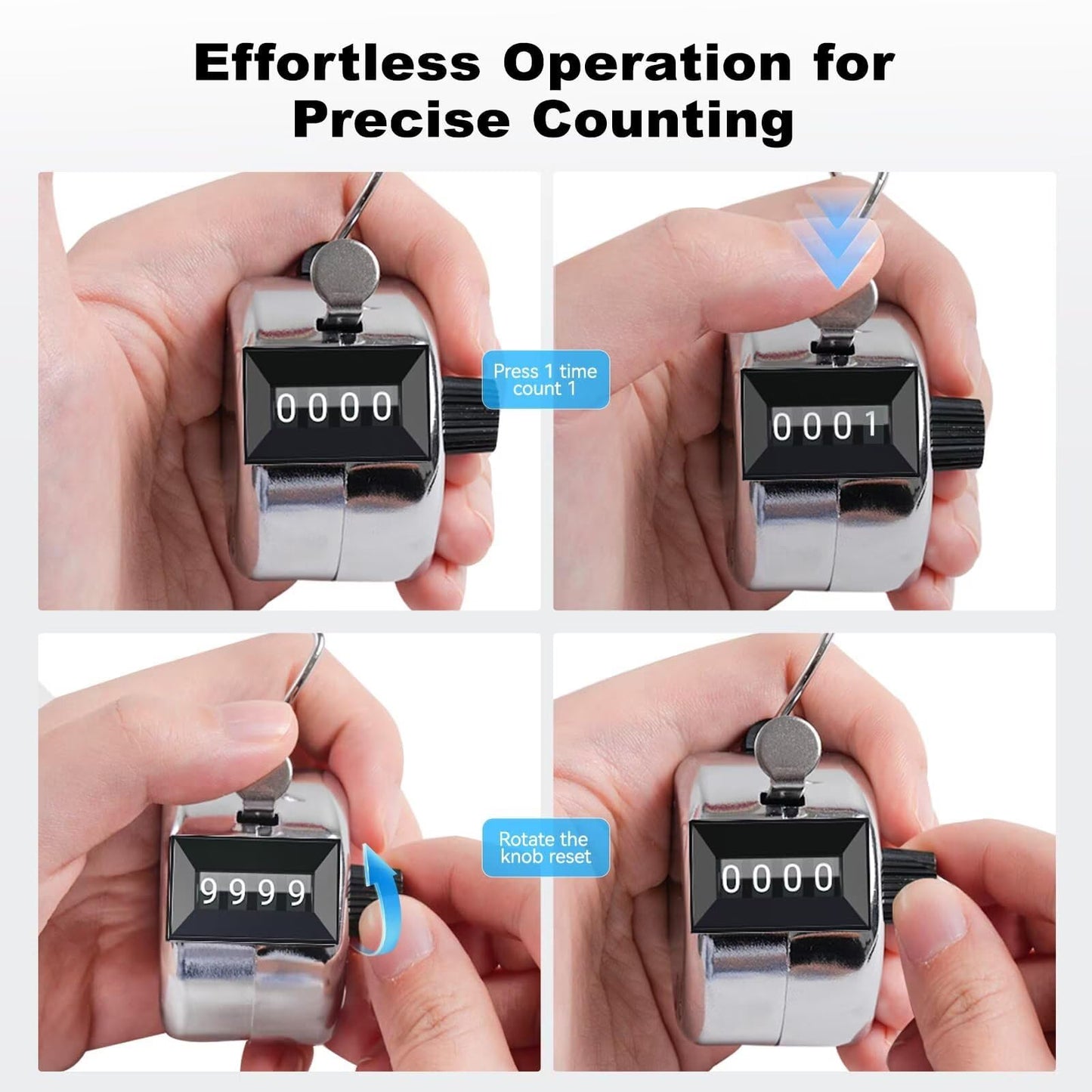 Anyongora Clicker Counter, Metal Hand Tally Counter Clicker with 4 Digit Display, Pitch Counter for Golf Stroke, Baseball, Coaching, Knitting, Lap, Row Sport, Silver
