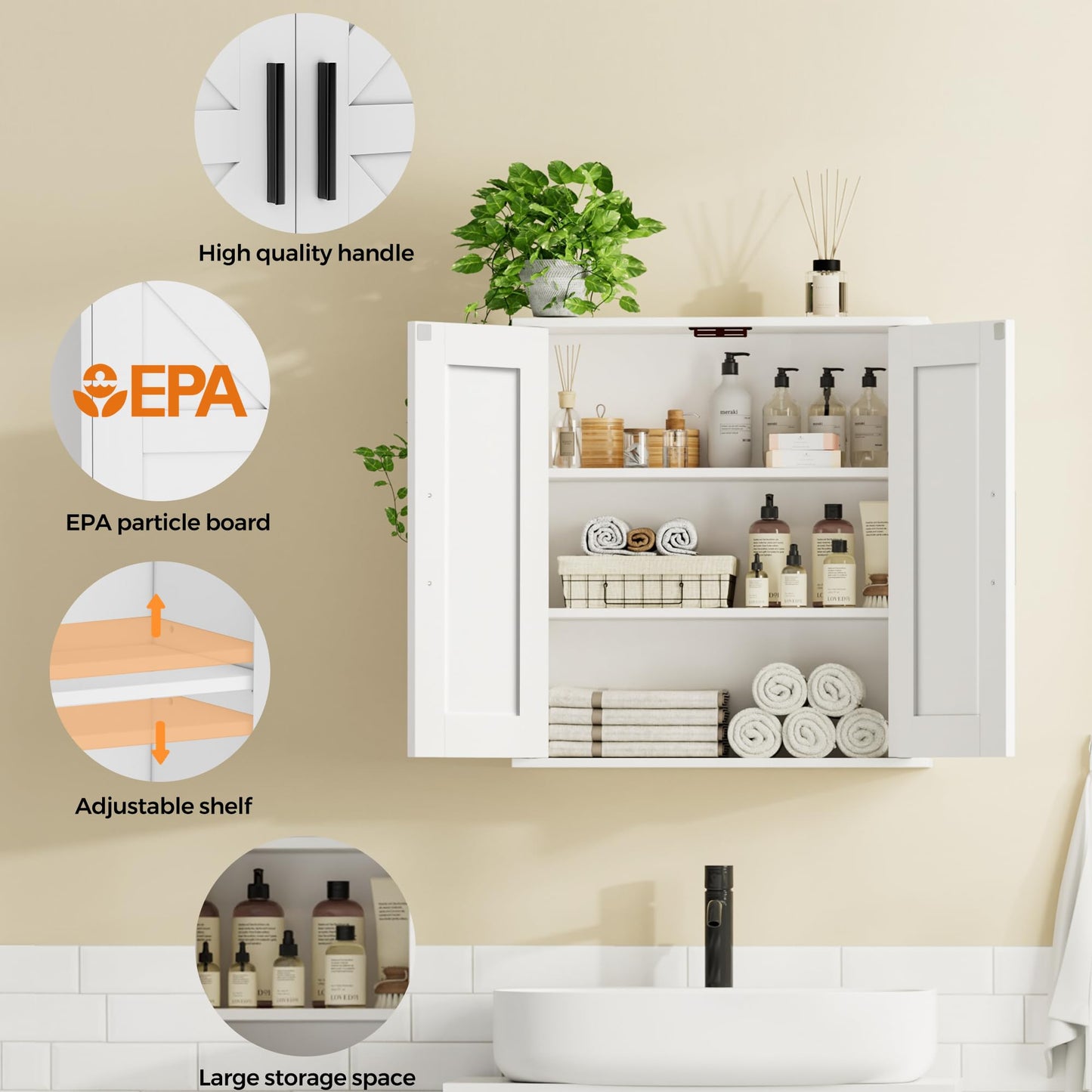 Homleke Bathroom Wall Cabinet, Over Toilet Storage Cabinet with Barn Doors and Adjustable Shelves, 3-Tier Medicine Cabinet Wall Mounted, for Bathroom, Kitchen, Entryway, Laundry Room, White, (7.9" D)