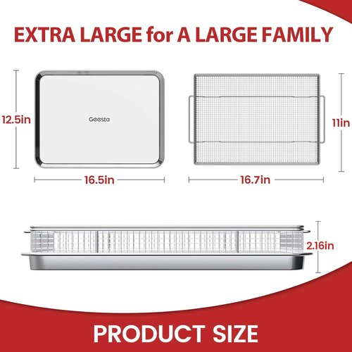 Geesta Air Fryer Basket - Extra Large 16.5” x 12.5” Stainless Steel Crisper Tray with 50 Recipes | Oven Accessories for Crispy Foods