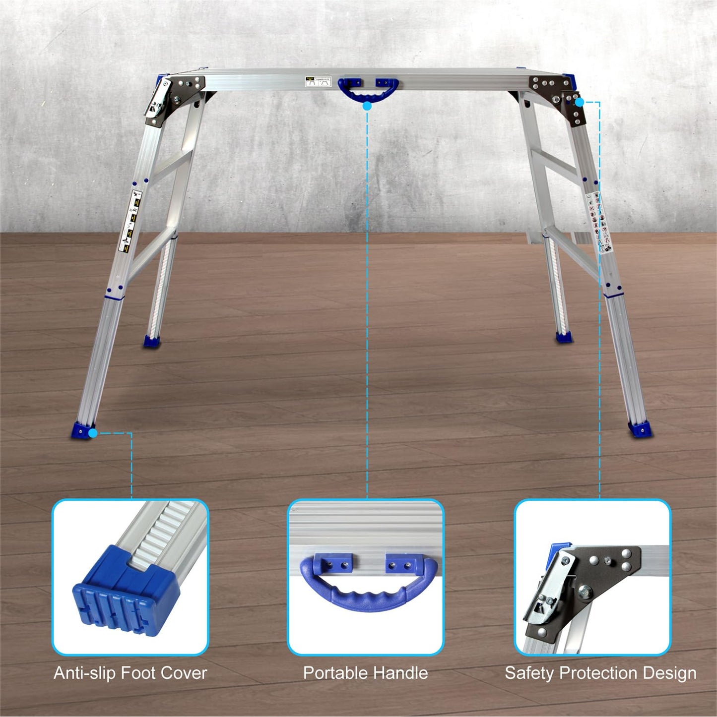 LEADALLWAY Adjustable Work Platform (47"x20") Ultra-Wide Portable Folding Aluminum Work Platform 330 Lbs Capacity 50 Gear Adjustable Height 27.5 to 37 inches