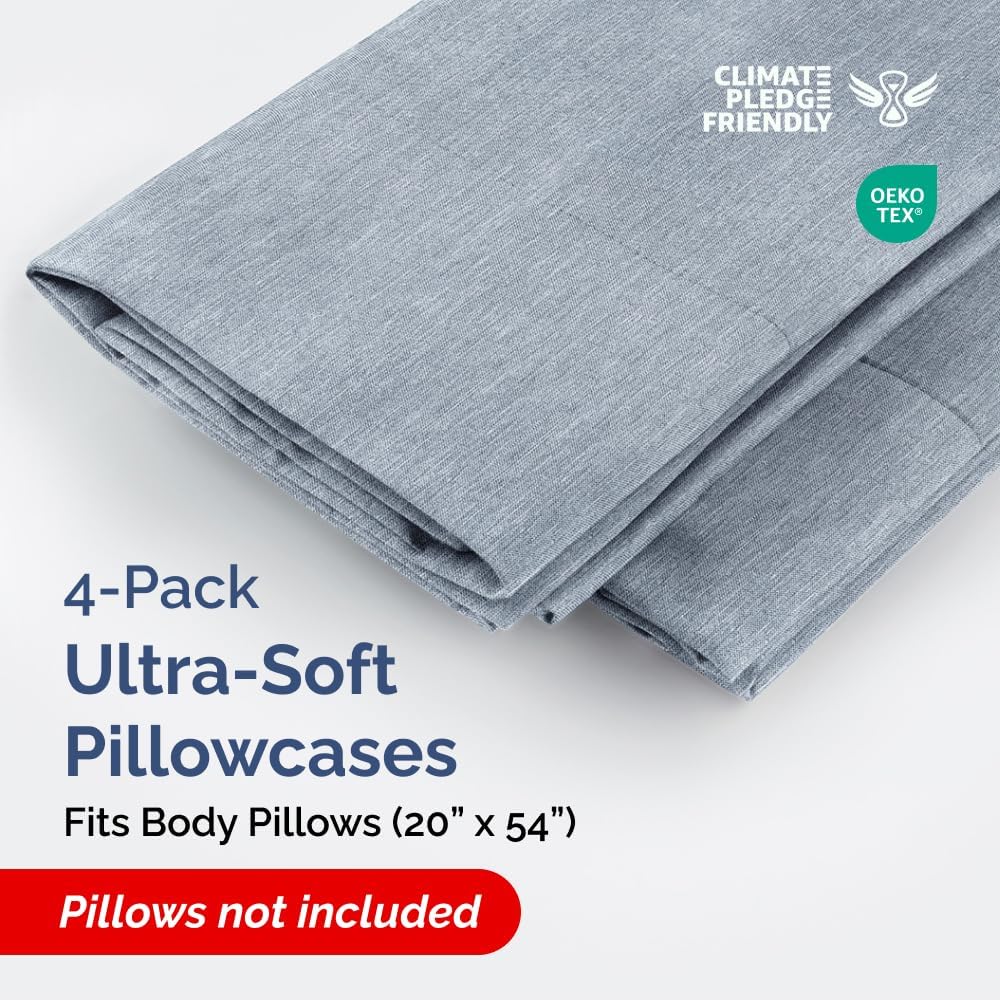 Skiennix Body Pillowcases Set of 4 | Soft, Breathable 20x54 Long Pillow Covers - Fade-Free & Machine Washable (Heathered Blue)