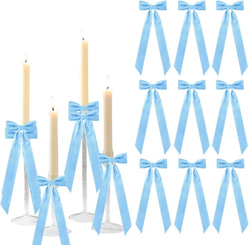 Meseey Baby Blue Candlestick Holders - 12 Pcs Decorative Velvet Bows | 5x13.5 Inch for Events & Centerpieces