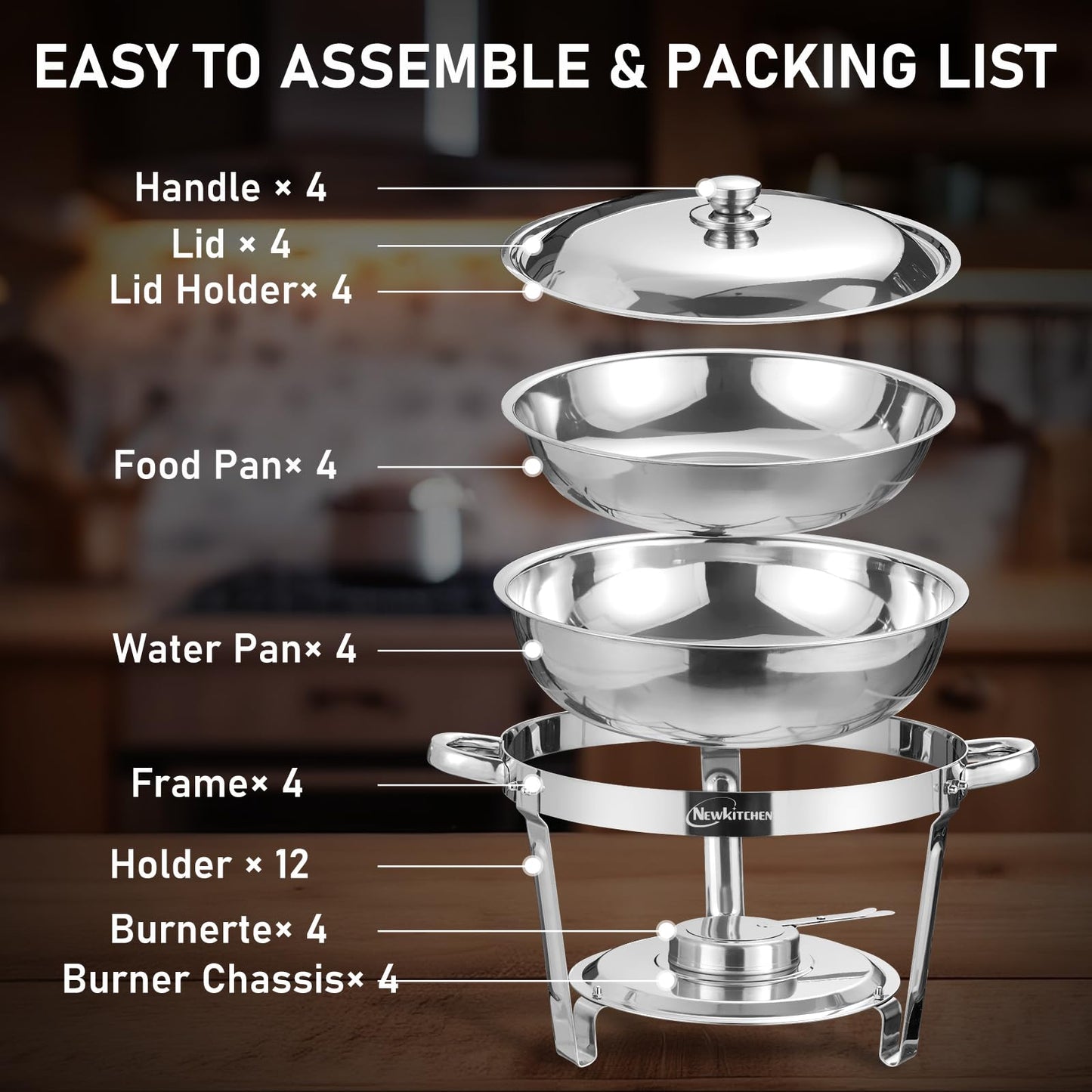 NEWKITCHEN Chafing Dishes for Buffet 4 Pack, 5 QT Round Chafing Dishes for Buffet [Elegant Silver Colors] Stainless Steel Chafing Dish Buffet Set for Any Party