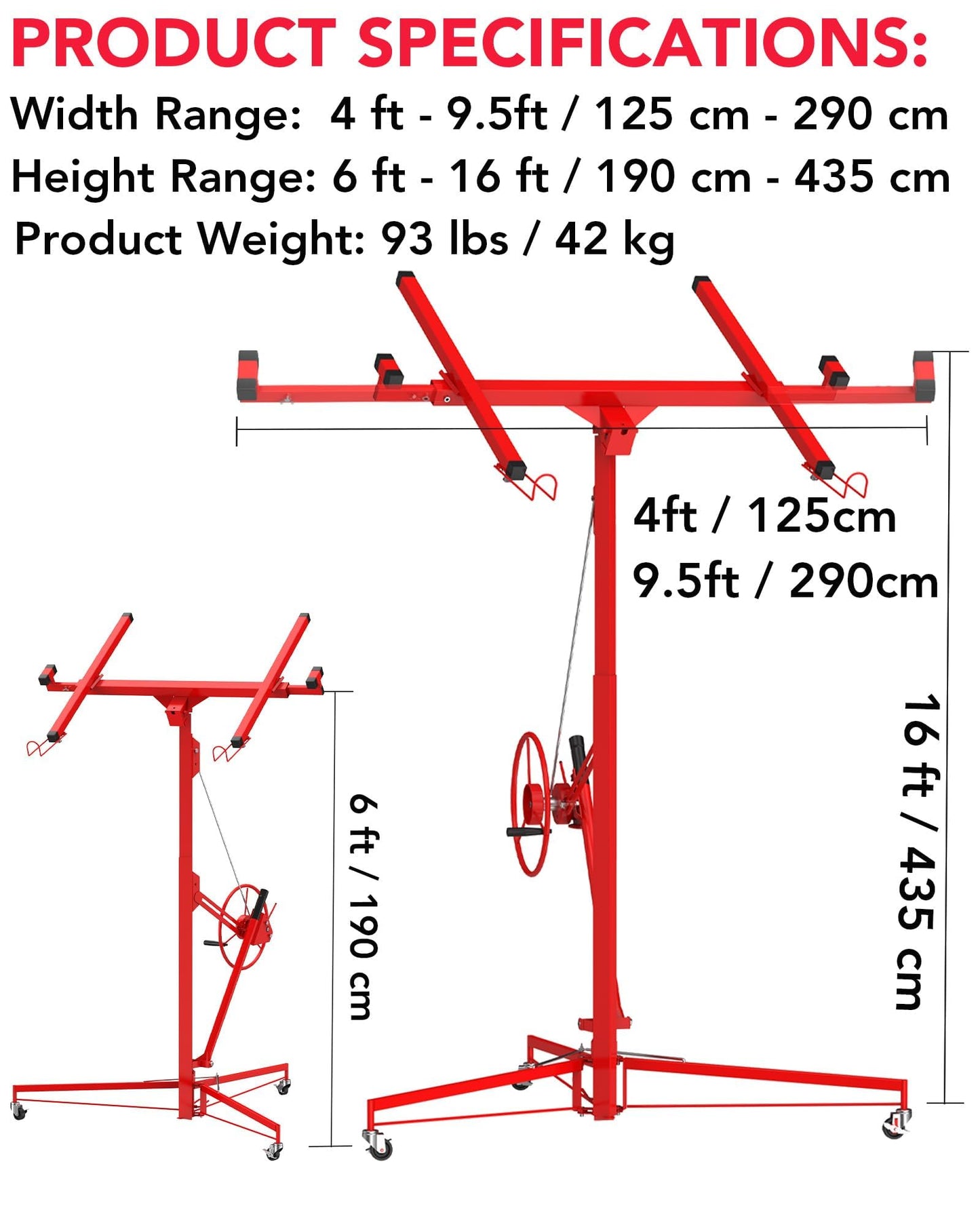 GarveeTech 16 ft Drywall Lift, Sheetrock Lift Drywall Lift, 150 LBS Capacity Drywall Lift Panel Hoist with 360° Adjustable Telescopic Arm & 3 Lockable Wheels, Red