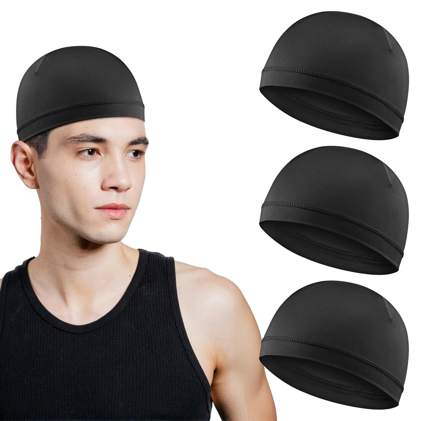 WY LIGHTING LEVEL 3Pcs Skull Caps Helmet Liner Sweat Wicking Cap Running Hats Cycling Skull Caps Soft Lightweight Beanie Hats Moisture Wicking Stretchy Breathable for Men Women Sports Black