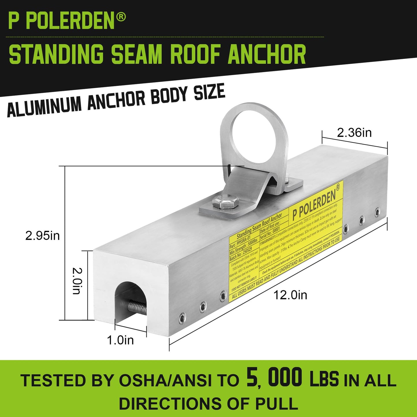 P Polerden Standing Seam Roof Anchor Clamp, Reusable Roofing Anchors Fall Protection Safety Kits, No Drill Roof Anchor, OSHA/ANSI Compliant, Lightweight, Solid Aluminum Alloy